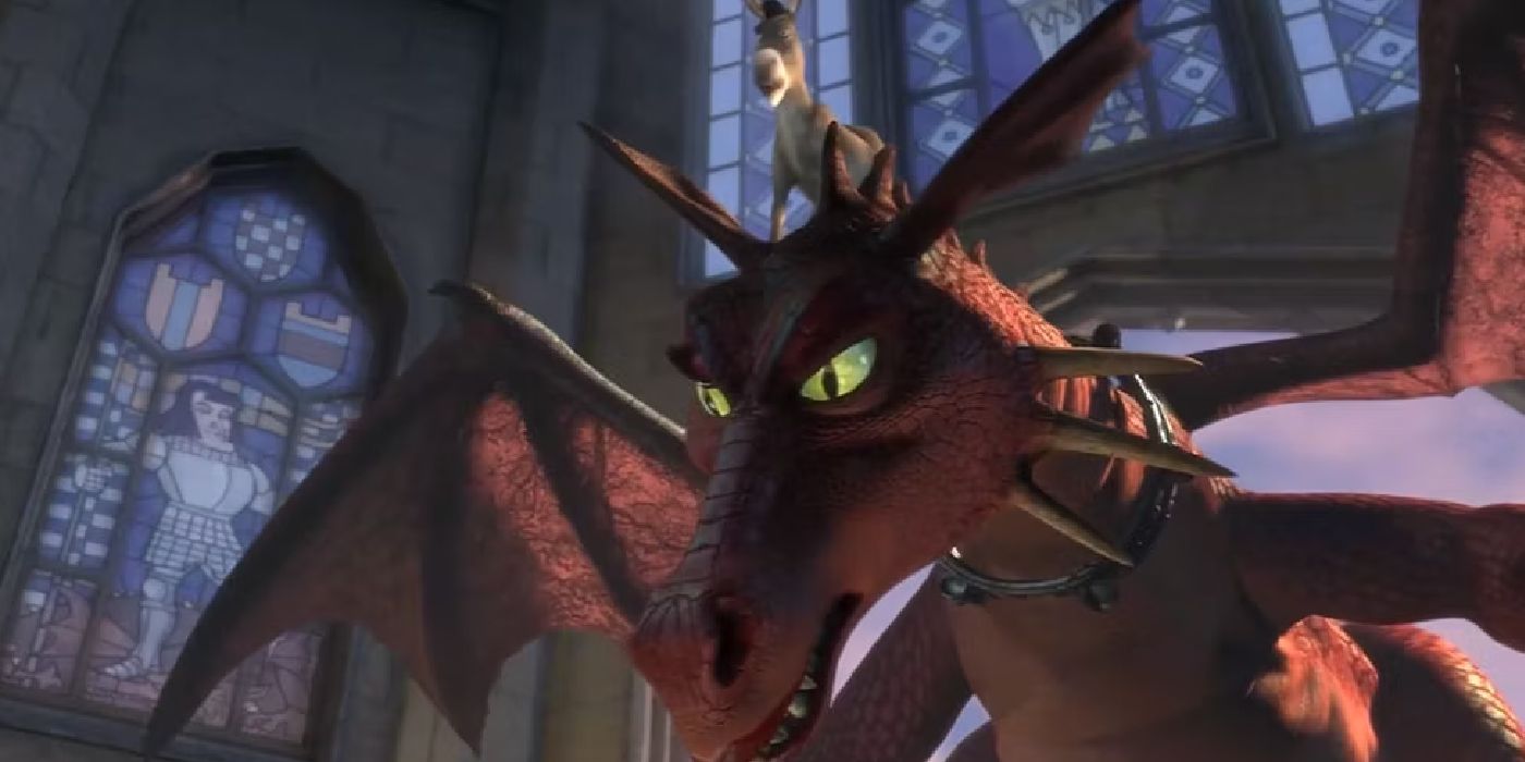 Donkey and Dragon arriving at the church in Shrek.