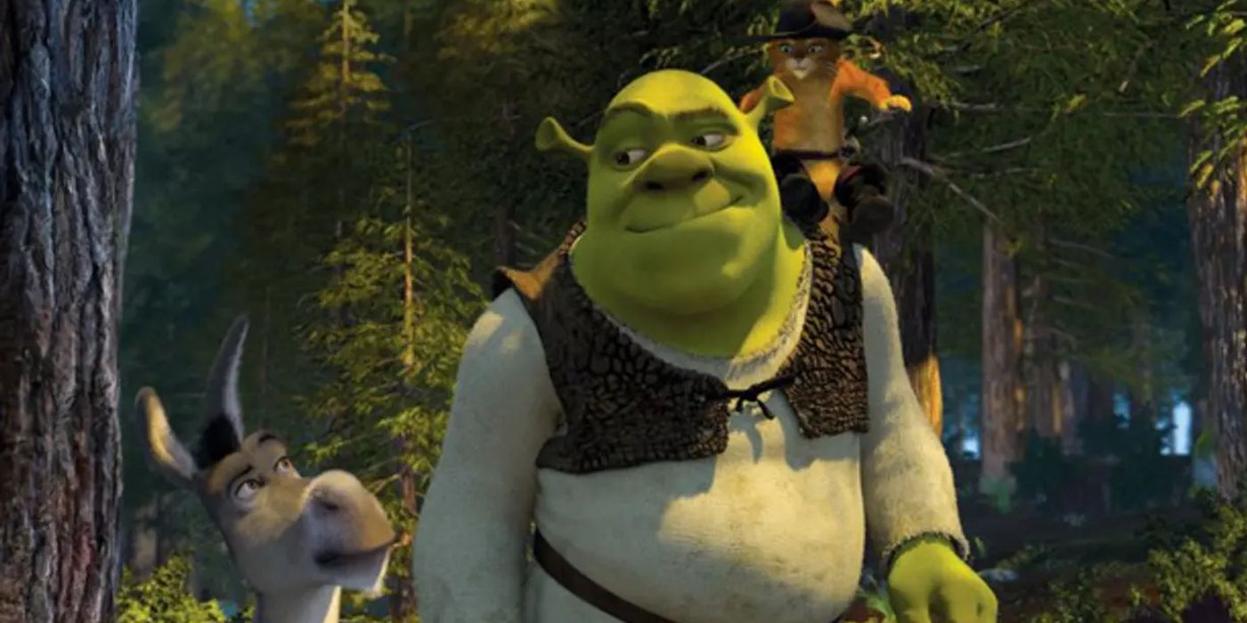 Shrek, Donkey, and Puss in Boots walk through the woods together