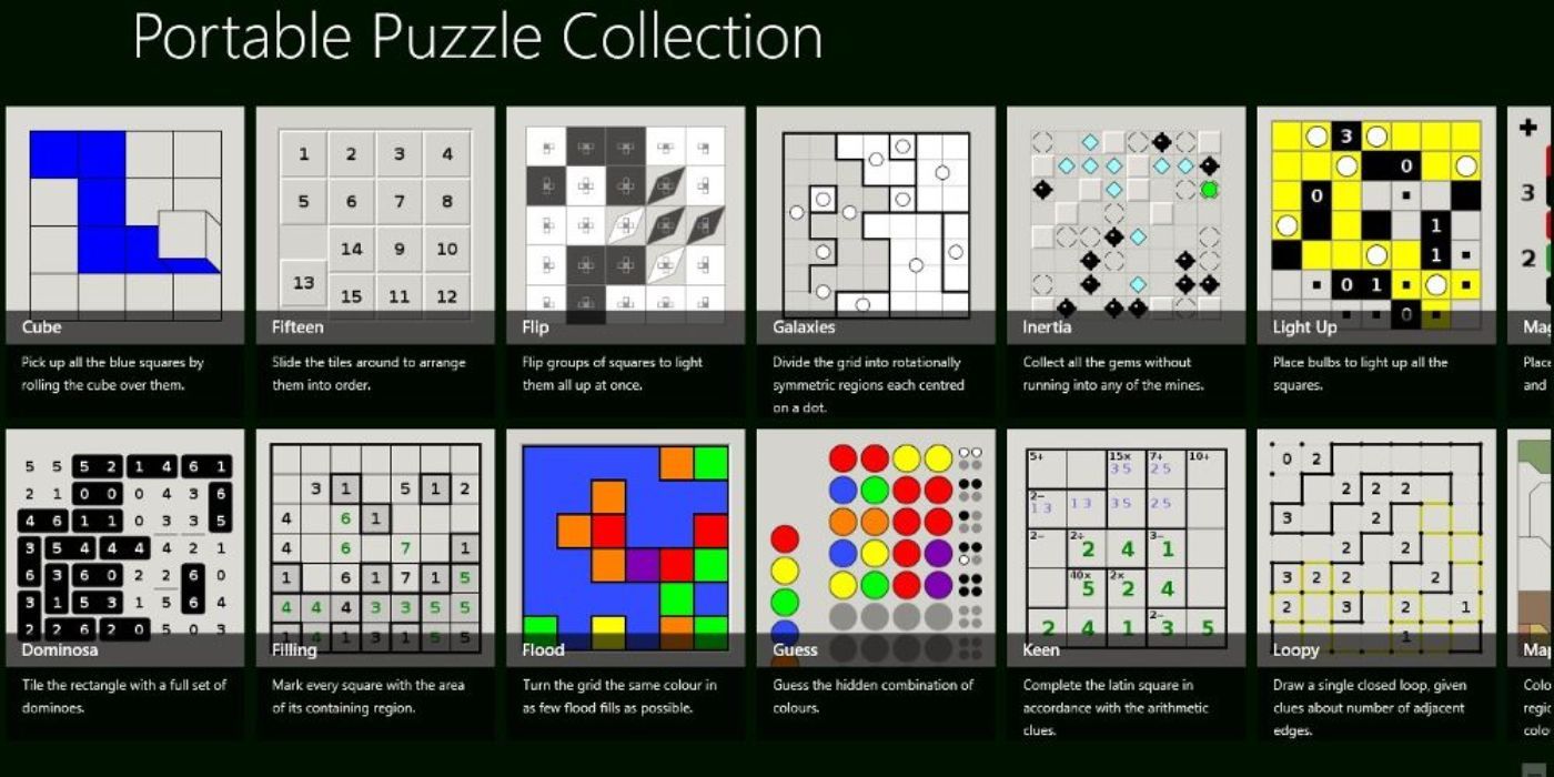 Portable puzzles are seen in Simon Tatham's Puzzles