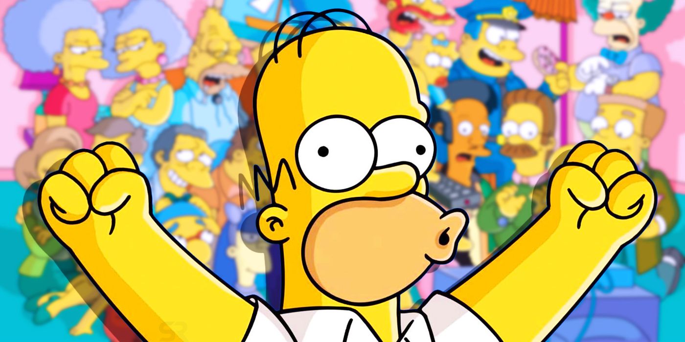 Homer over an image of most of the main character on The Simpsons 