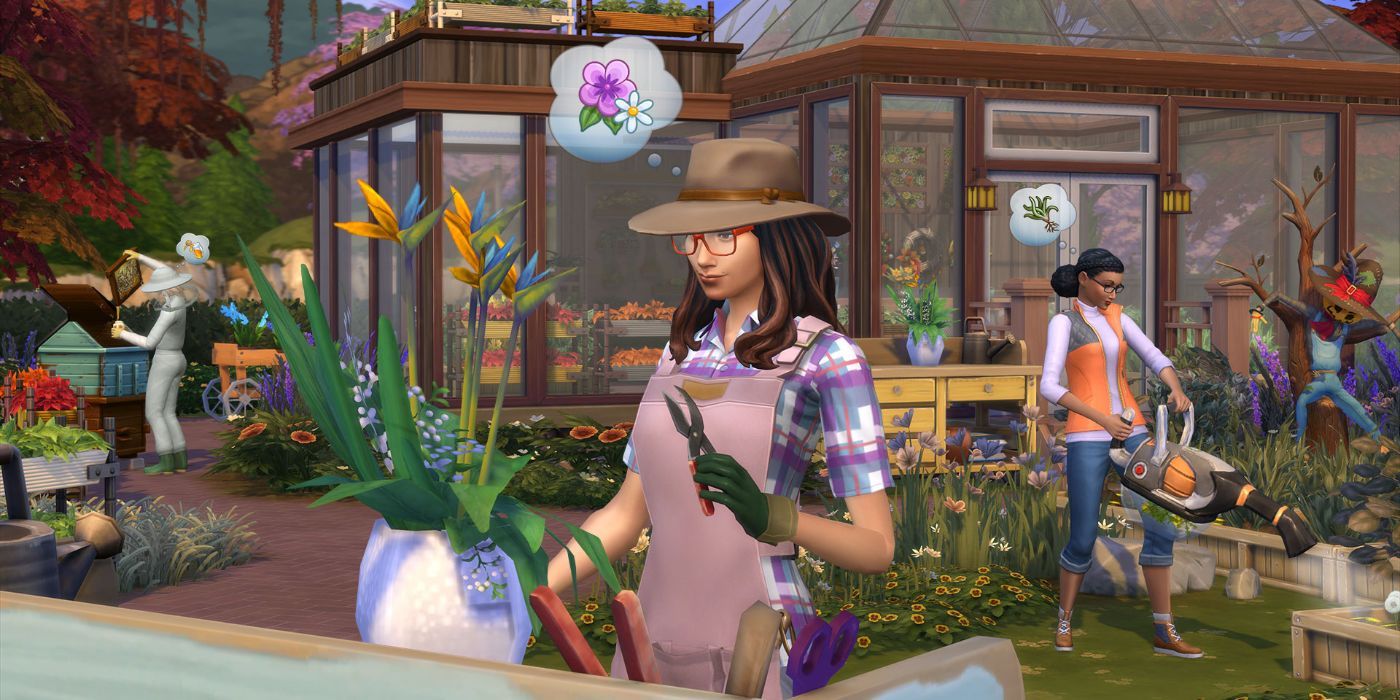 A Sim making a flower arrangement