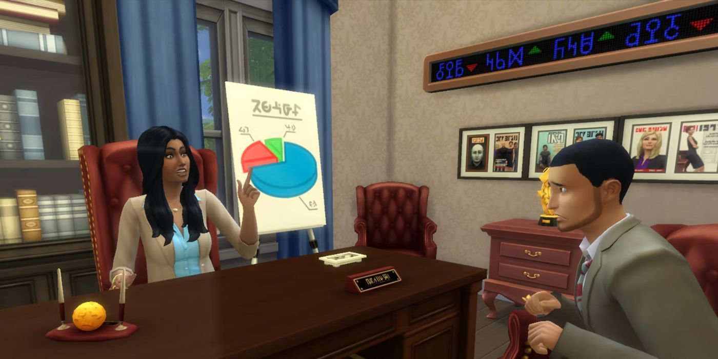 Two Sims sat in an office in The Sims 4