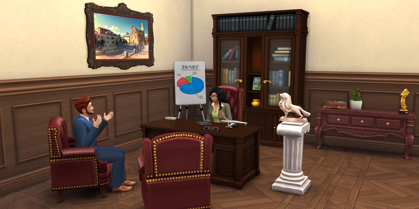 Two Sims sat in a fancy office
