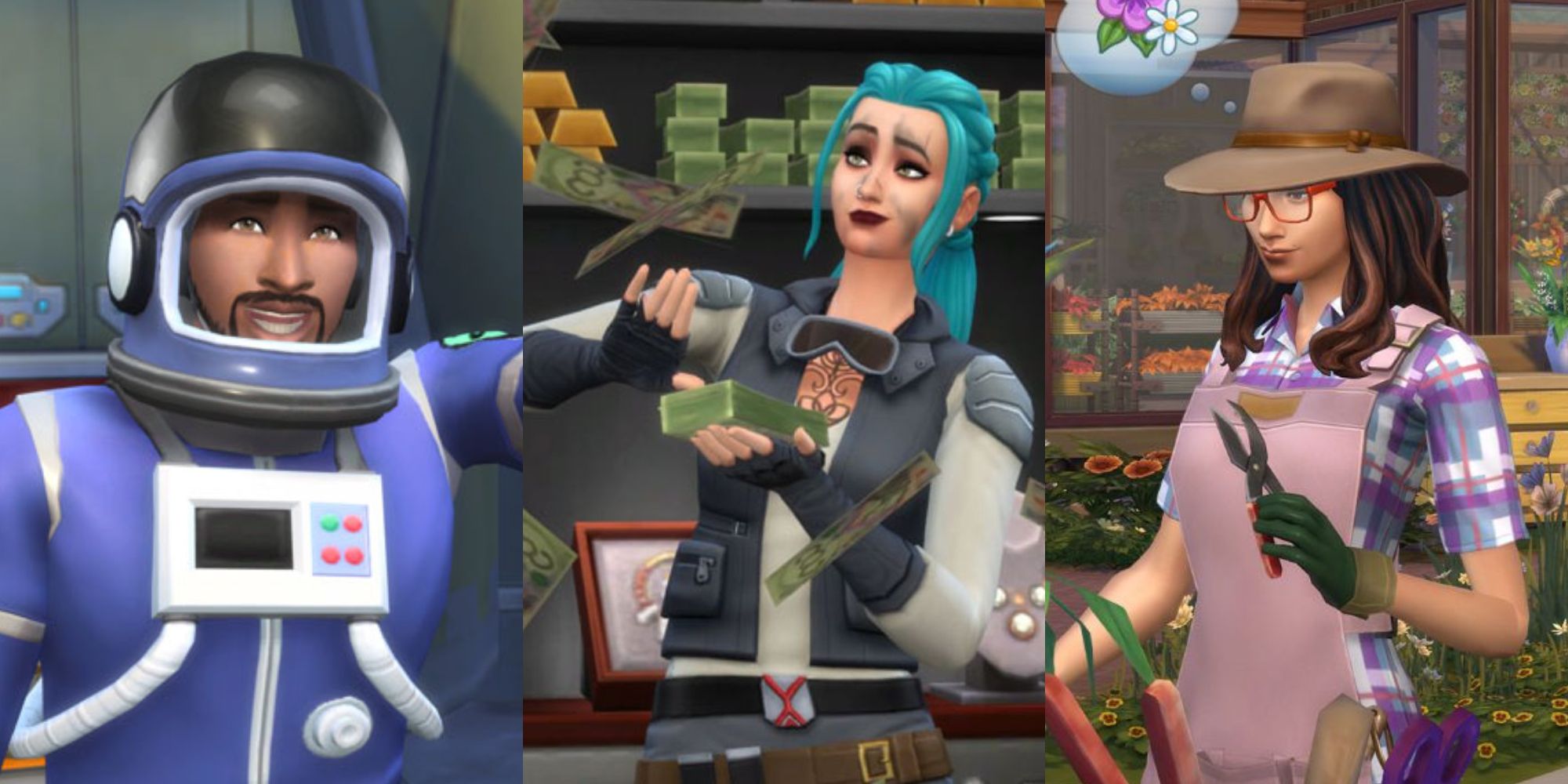 An astronaut, an interstellar smuggler, and a gardener in The Sims 4