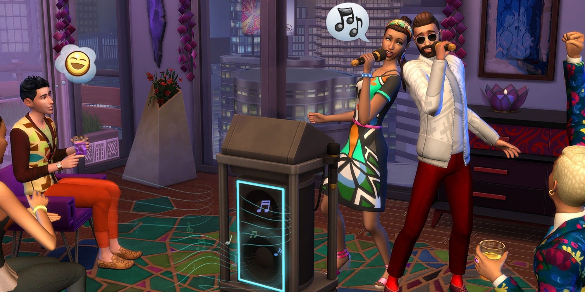 A male and female Sim singing karaoke together with a city backdrop behind them as other Sims excitedly watch.