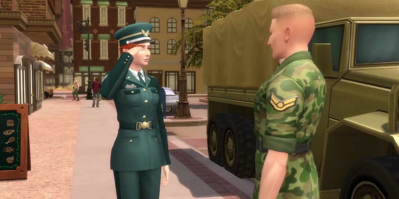 A military sim saluting another officer on the street with a military truck in the background