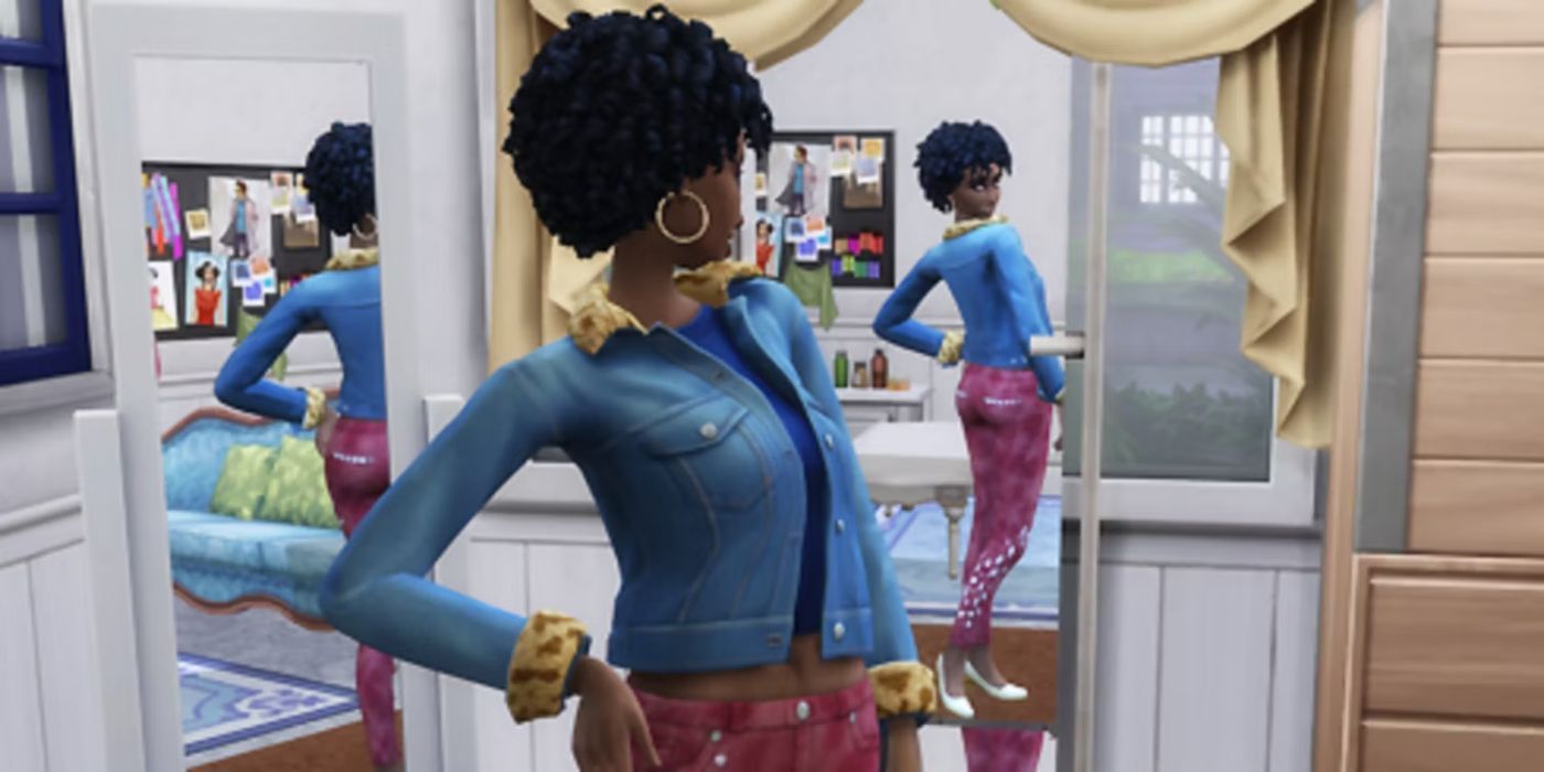 A Trend Setter Sim checking themselves out in a mirror