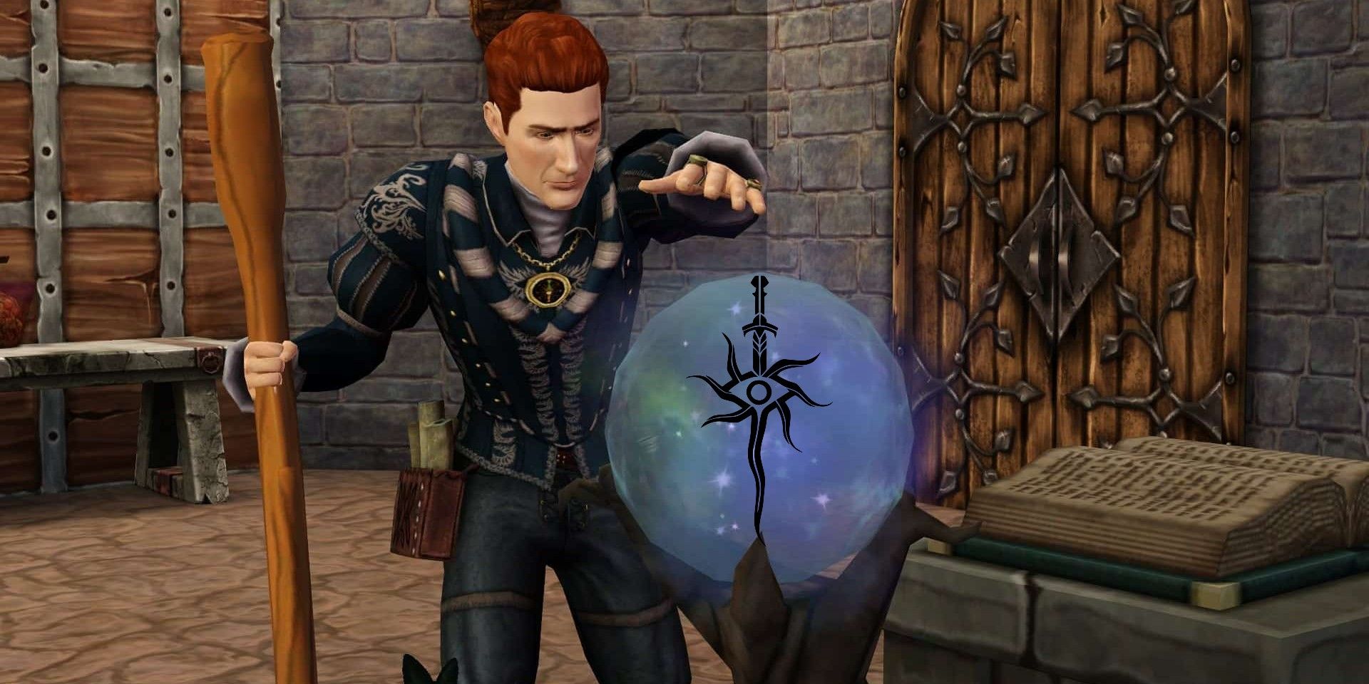 Sims 4 - Medieval Sim with a crystal ball that has the Dragon Age logo inside.