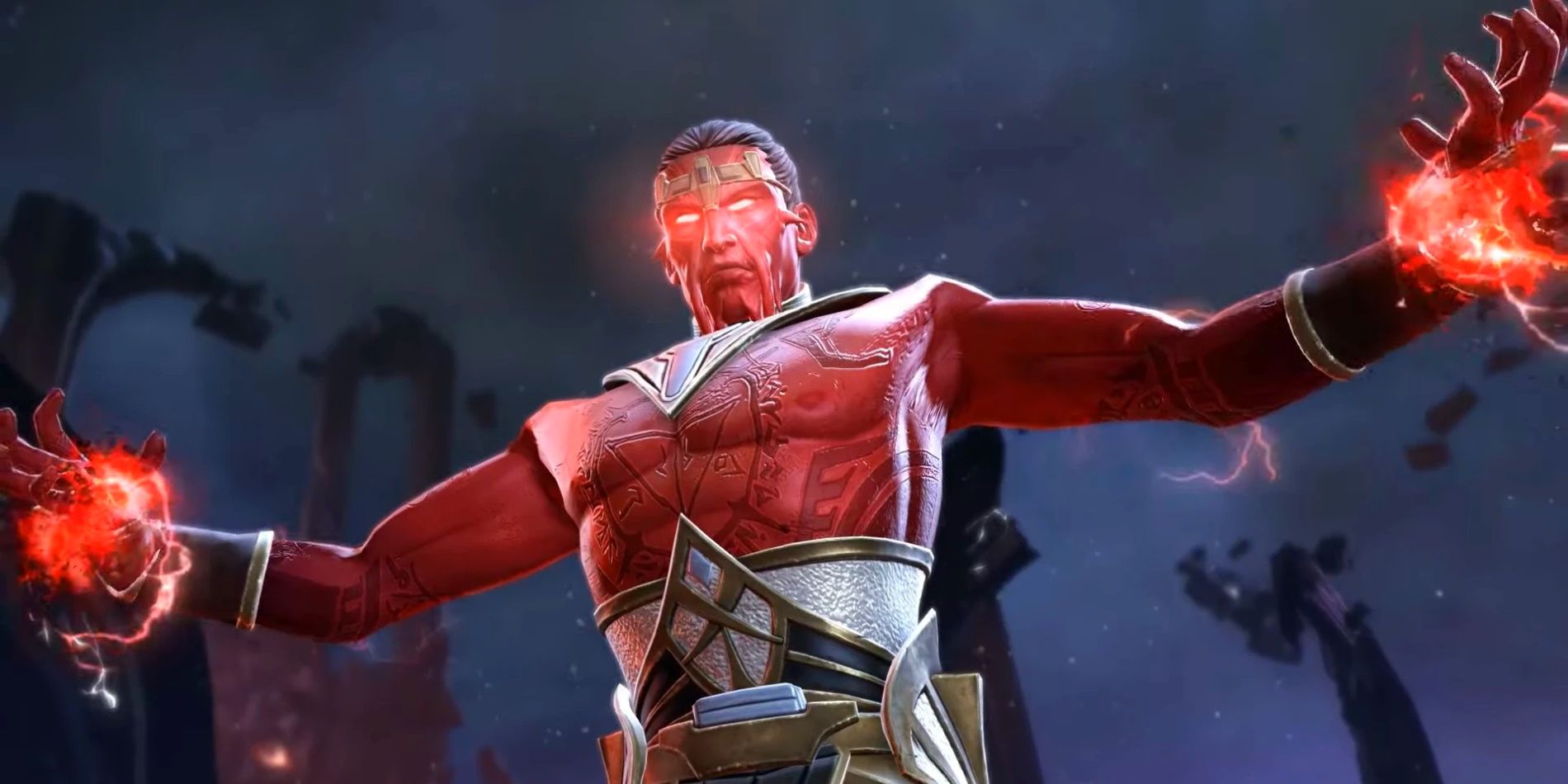 A Sith Lord in Star Wars: The Old Republic. Red energy emits from their hands and eyes.