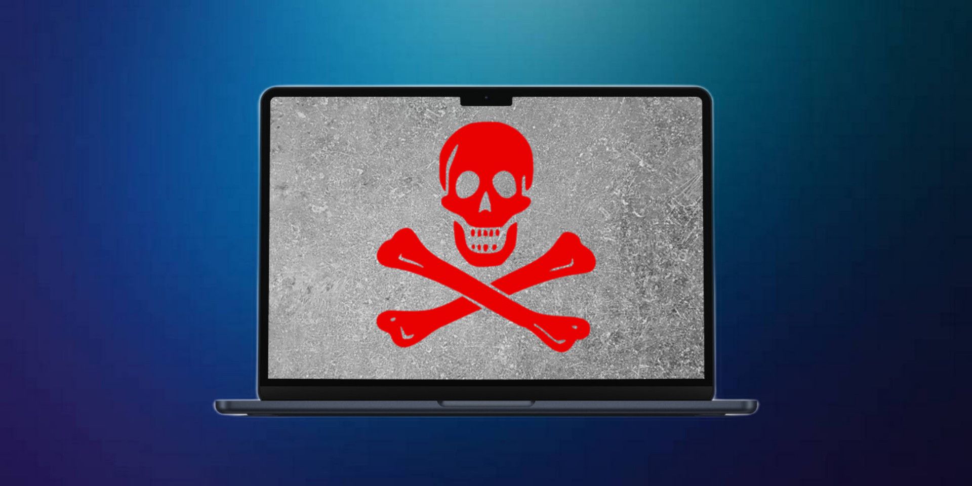 Skull and bones danger sign on Macbook Air on gradient background