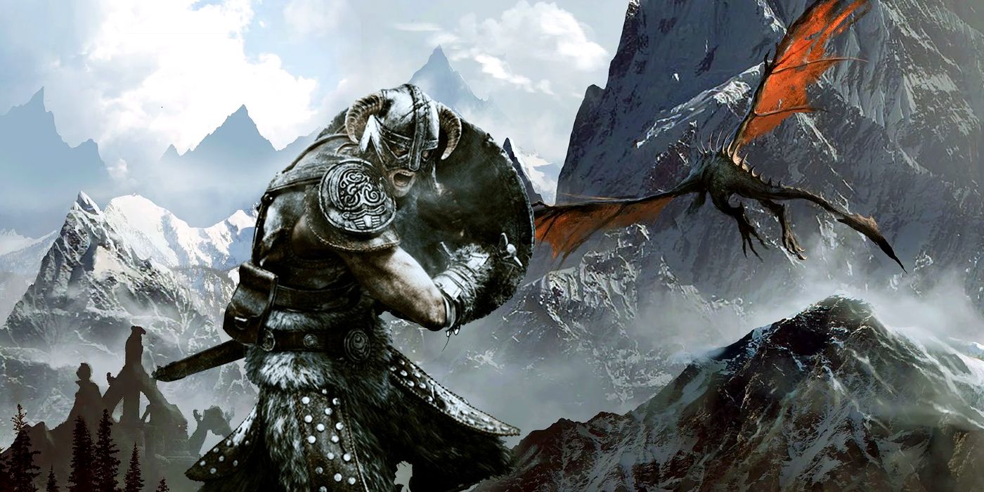 Skyrim's default Dragonborn character superimposed over a screenshot showing one of the game's mountain ranges as a dragon flights through it.