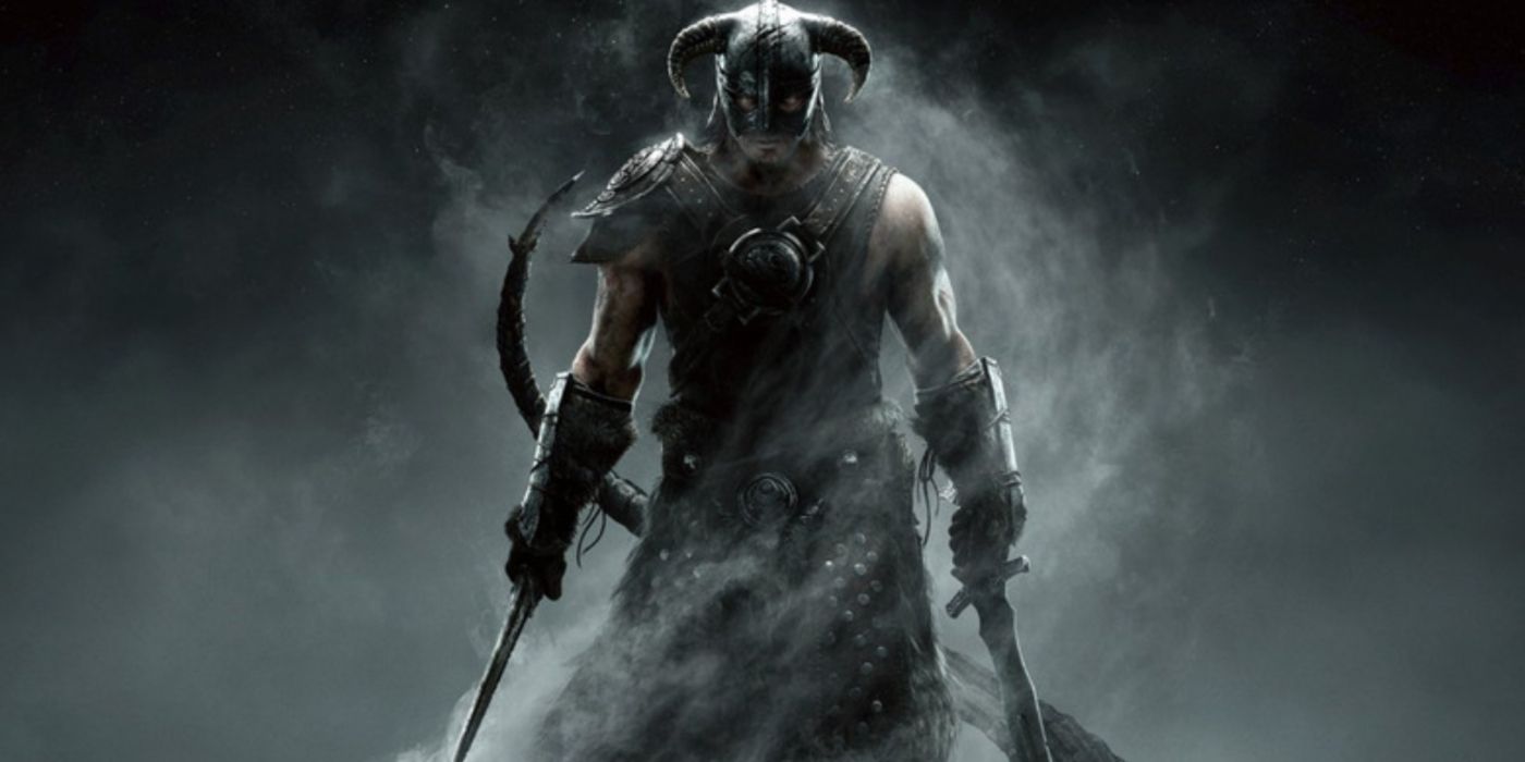 O Dragonborn usa sua armadura de inspiração nórdica na arte promocional de Skyrim.