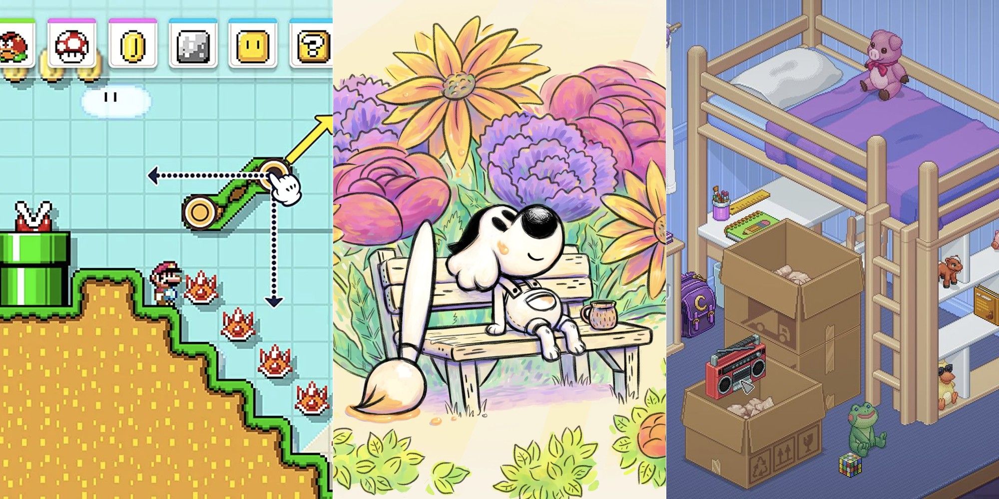 From left to right, an image of building in Super Mario Make, Chicory's main character sitting on a bench with their brush in front of flowers, a bedroom in Unpacking.