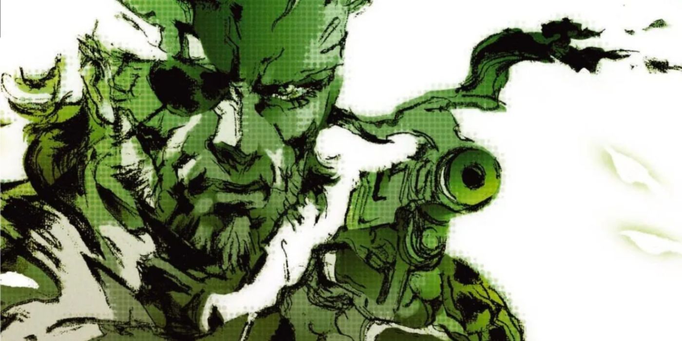 Naked Snake mirando sua arma na arte principal de Metal Gear Solid 3.