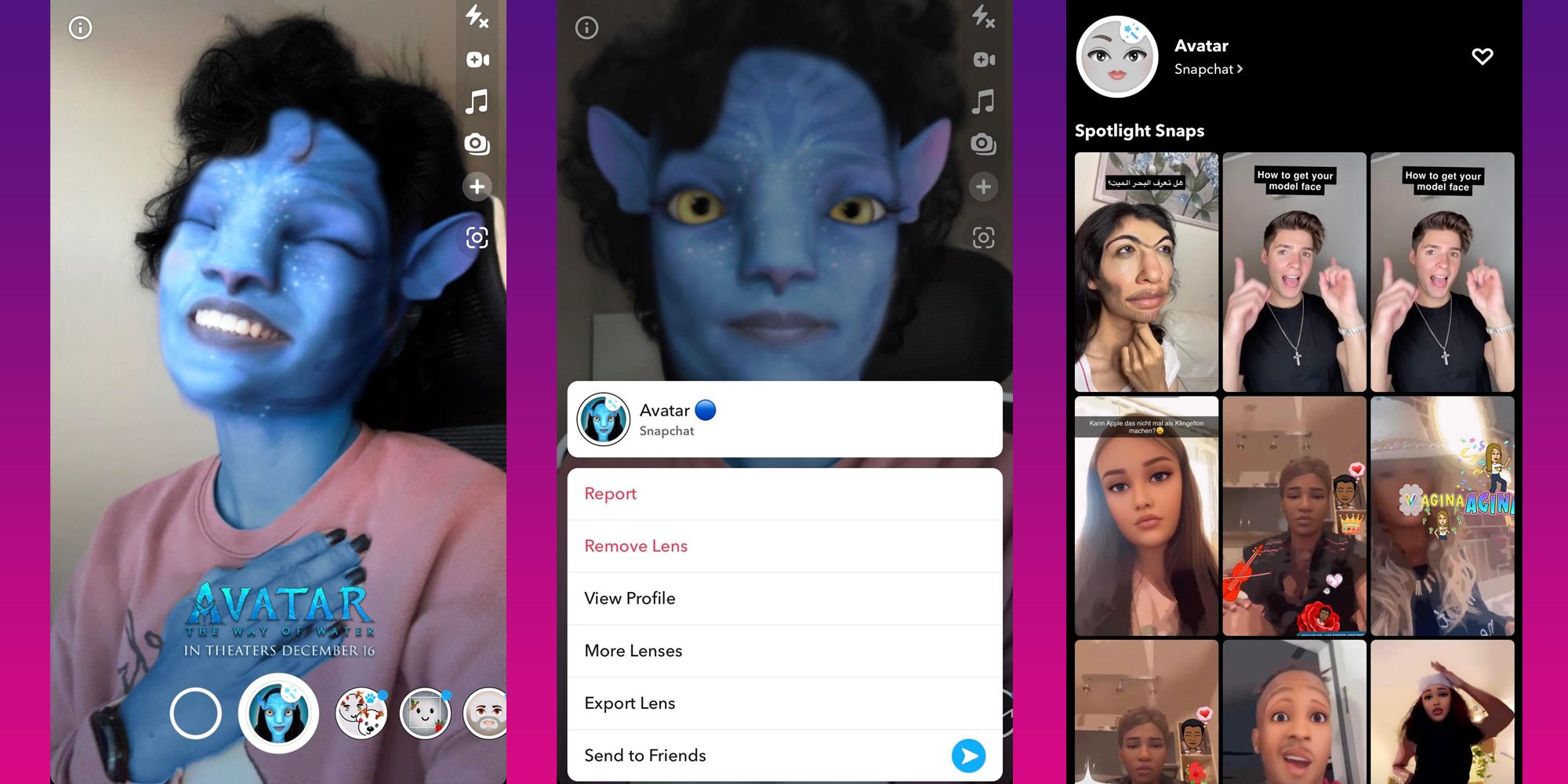 Screenshots displaying the Snapchat Avatar lens