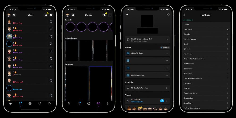 Snapchat's Dark Mode is displayed
