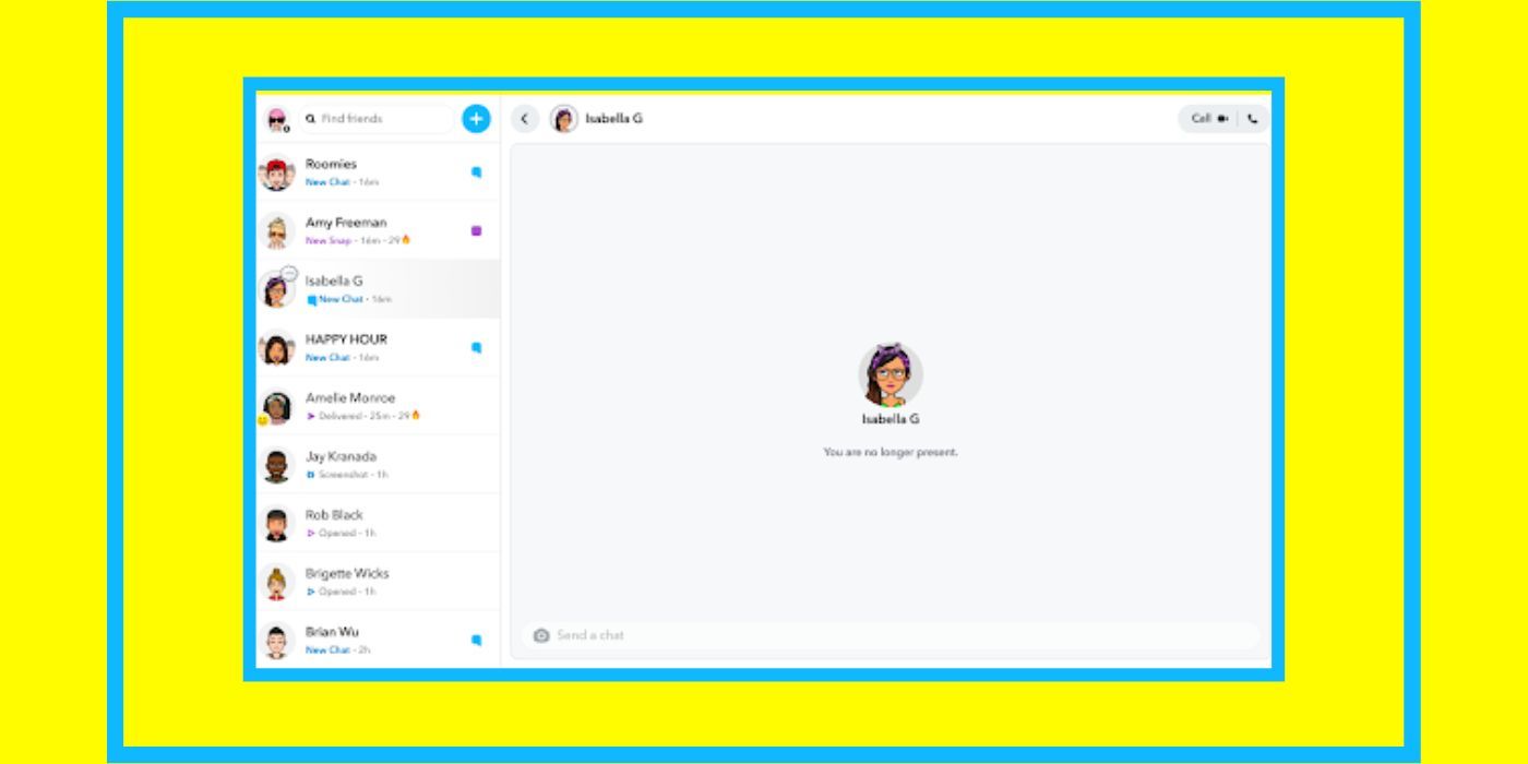 Screenshot of Snapchat for Web showing a chat window on a yellow background outlined in blue