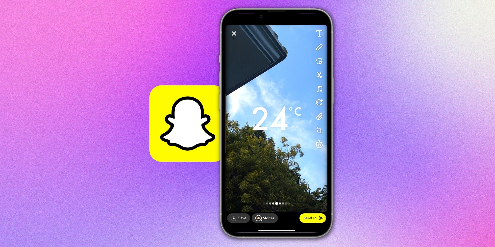 A screenshot of Snapchat's temperature sticker with logo on a colorful background