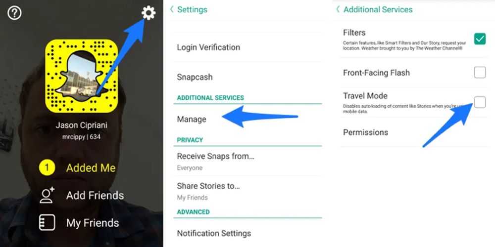 A blue arrow points to Snapchat's Travel Mode
