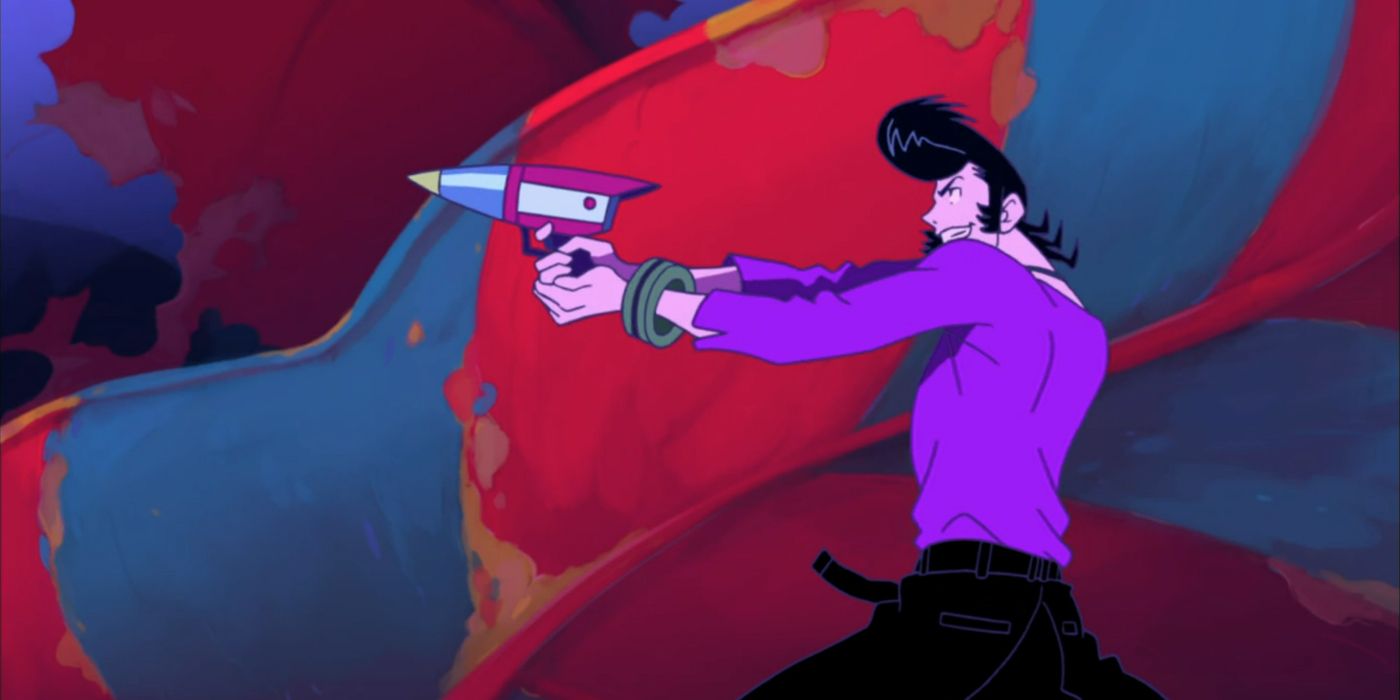 Space Dandy aponta sua arma laser acessível.