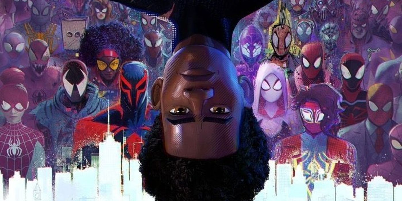 Across The Spider-Verse poster with Miles (upside-down) and variants