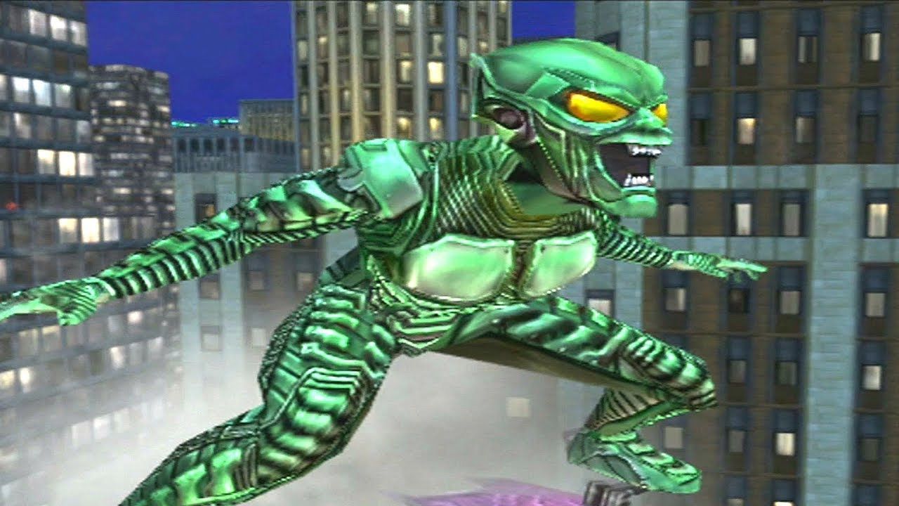 Uma captura de tela do Duende Verde do jogo de ligação do filme Homem-Aranha de 2002 parado no ar fazendo careta para alguém no centro à direita fora da tela