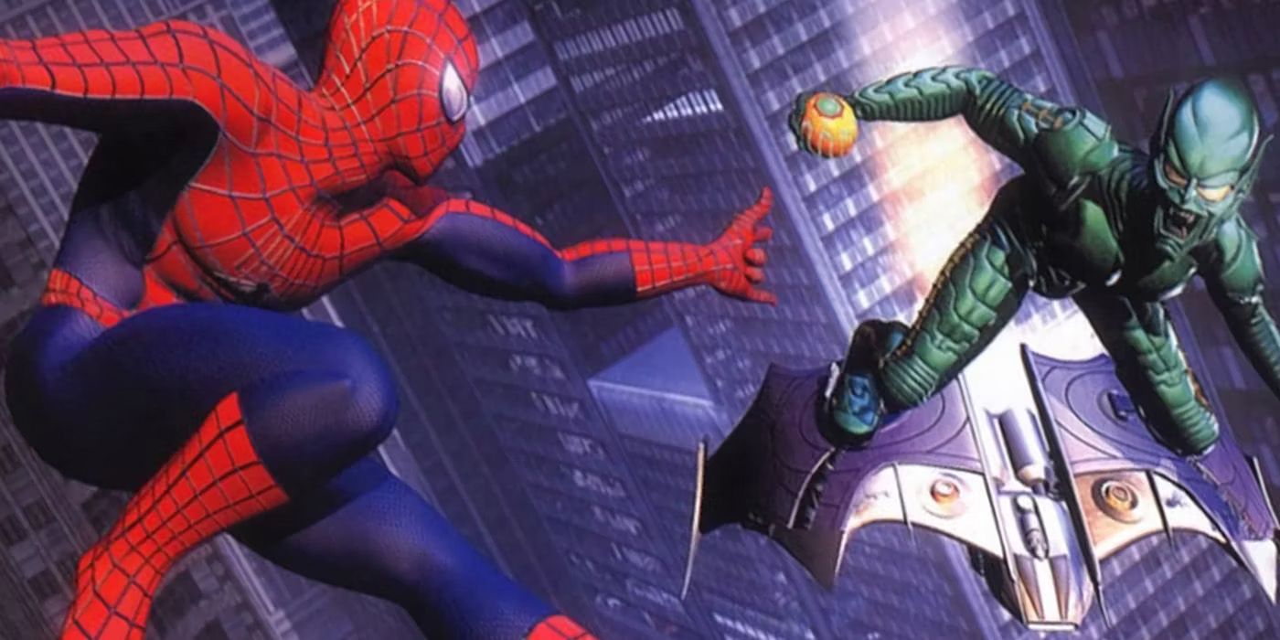 A promotional image from the Spider-Man 2002 movie tie-in game featuring Spider-Man and the Green Goblin.