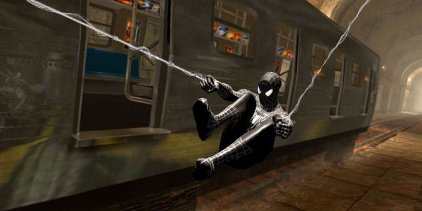 O Homem-Aranha usa o simbionte Venom e balança ao lado de um trem do metrô no jogo de ligação do filme Homem-Aranha 3