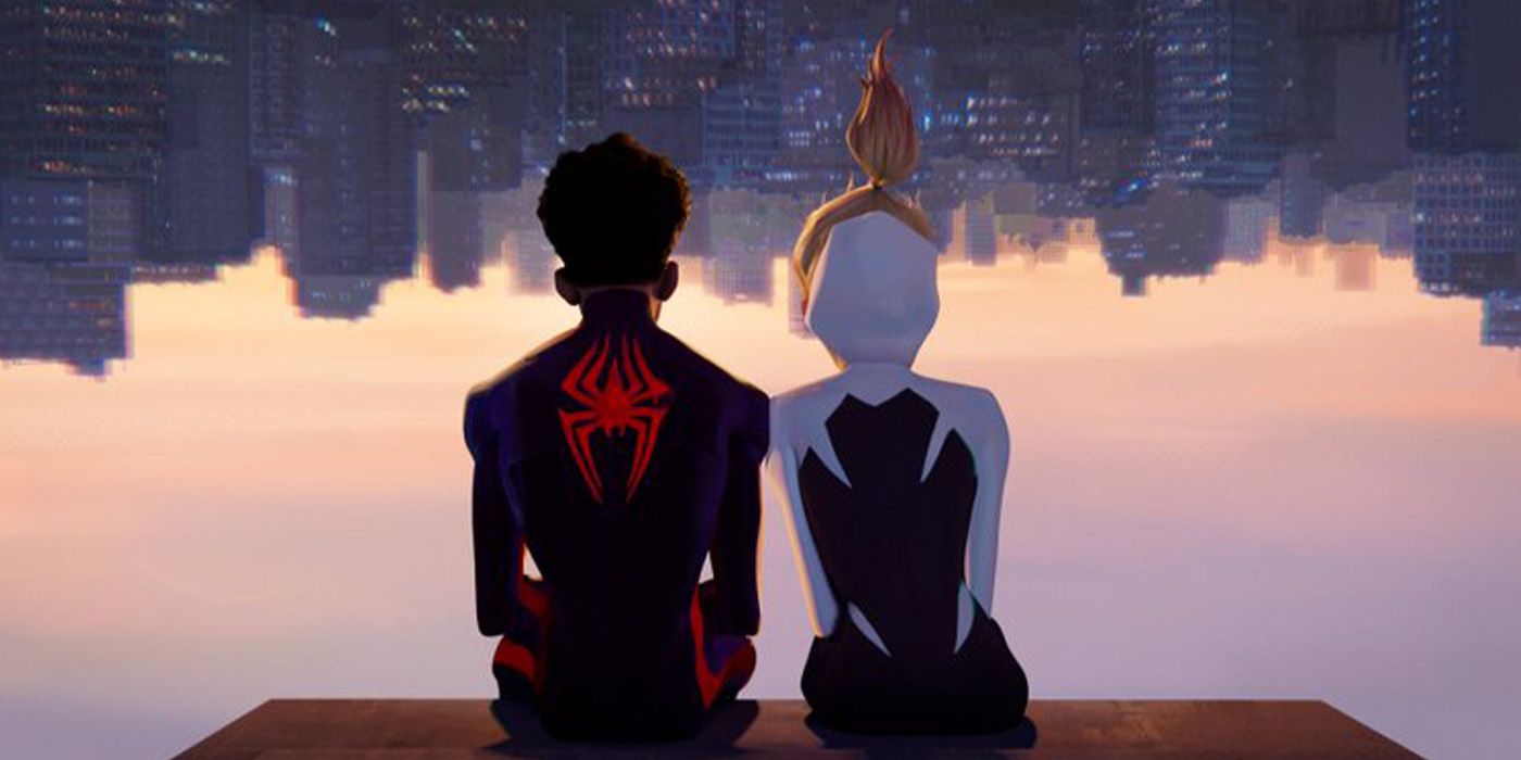 Miles and Gwen sat next to each other upside down in Spider-Man Across The Spider-Verse