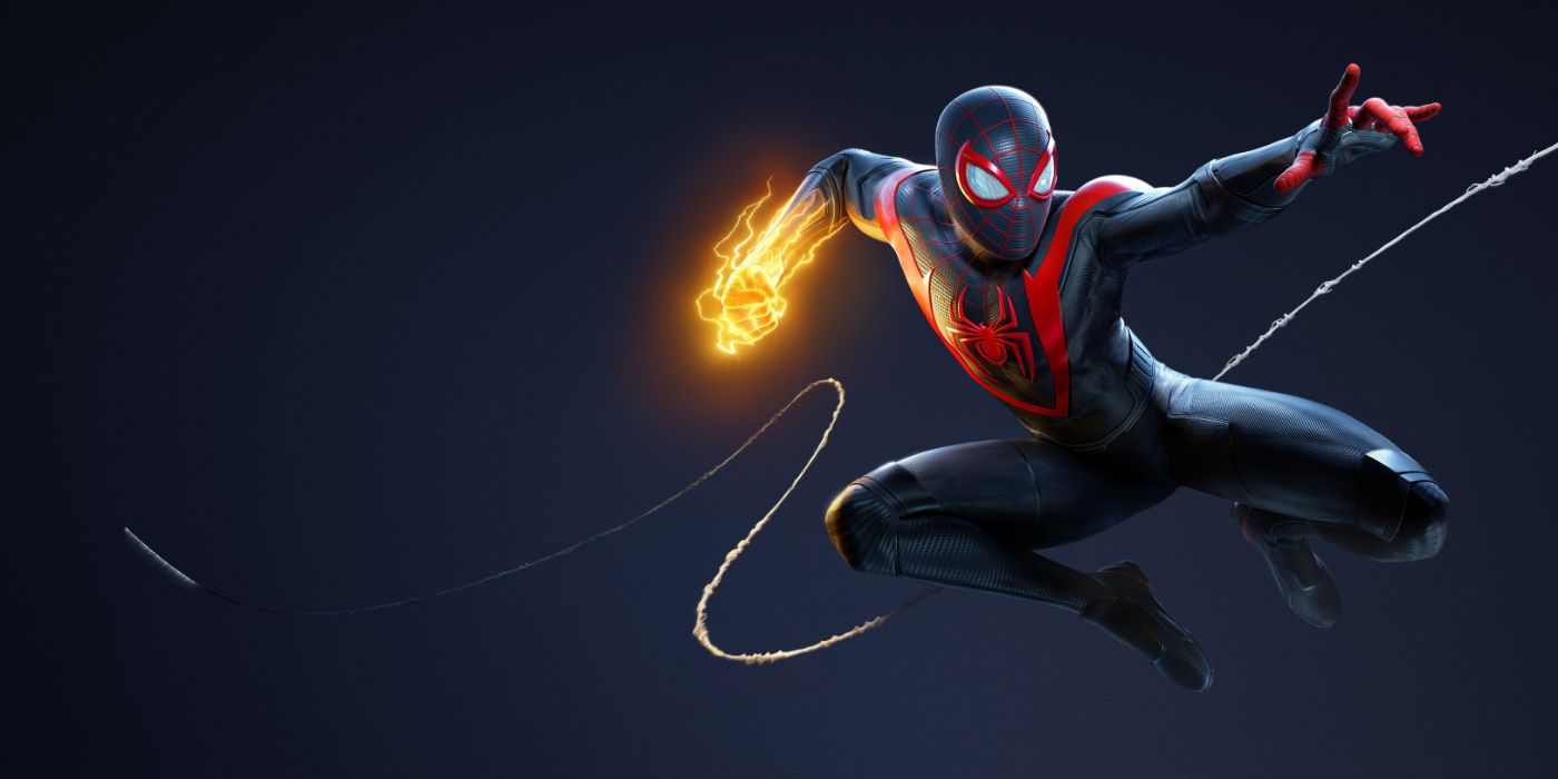 Arte promocional de Homem-Aranha: Miles Morales com o herói balançando em uma teia.