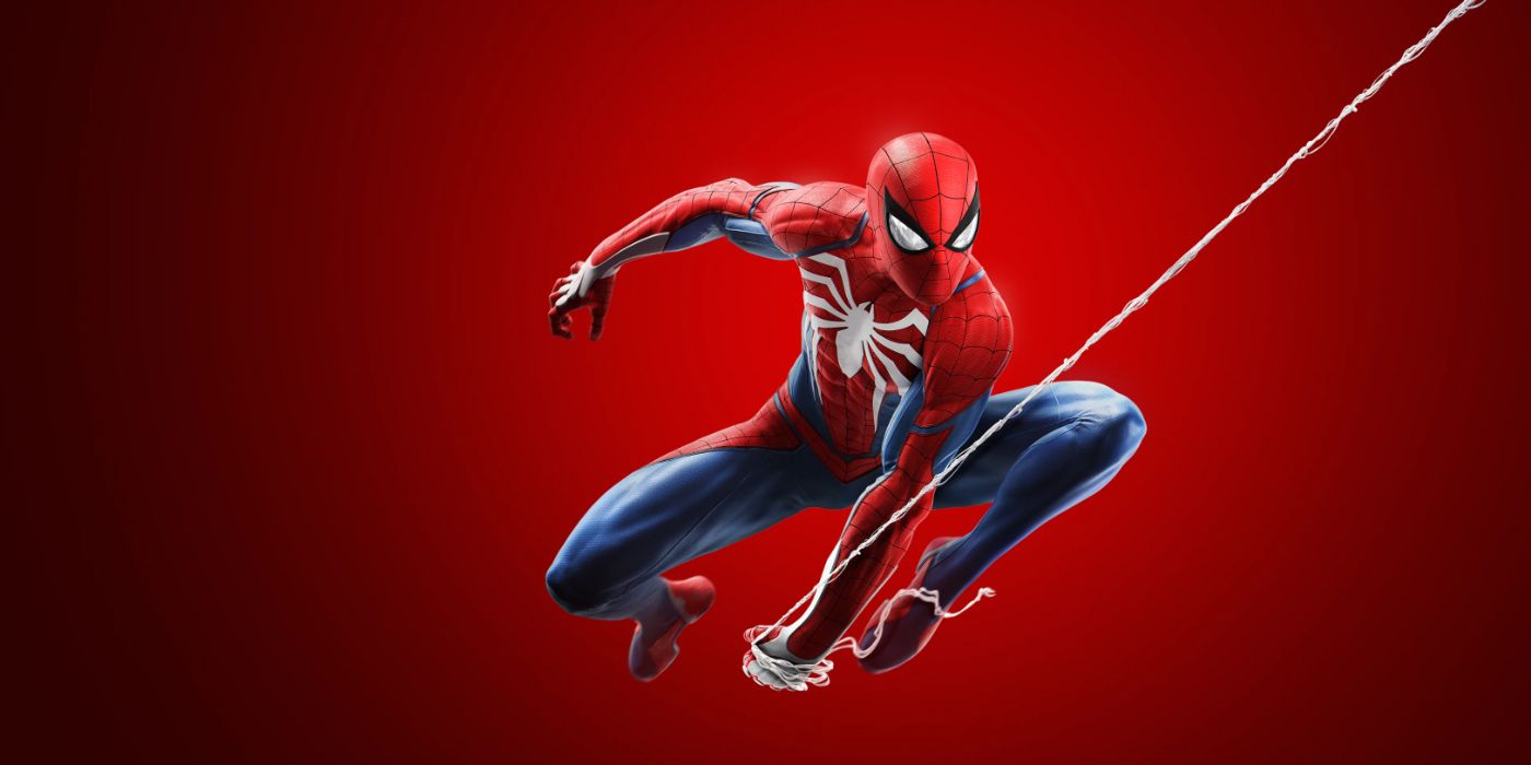Arte promocional de Spider-Man con el héroe titular balanceándose en una telaraña.
