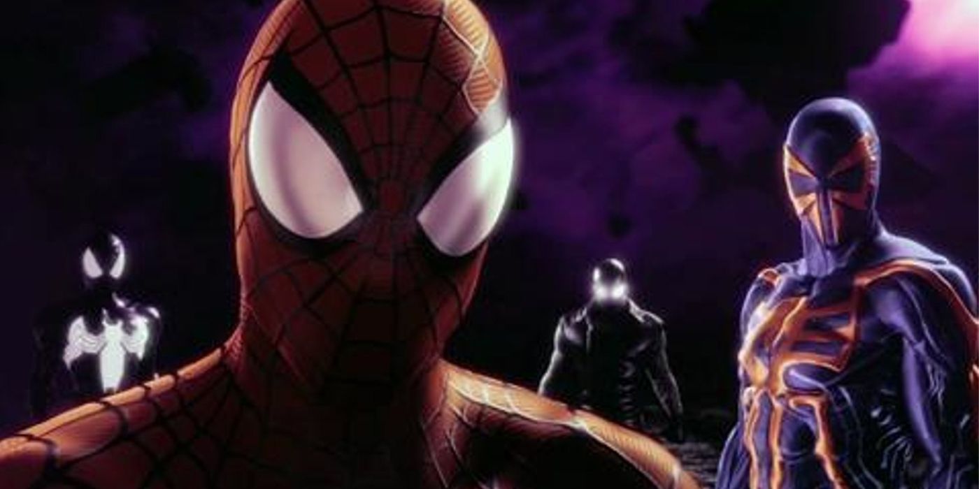 Todos os quatro Homens-Aranha em Spider-Man: Shattered Dimensions, da esquerda para a direita: Ultimate, Amazing, Noir e 2099.