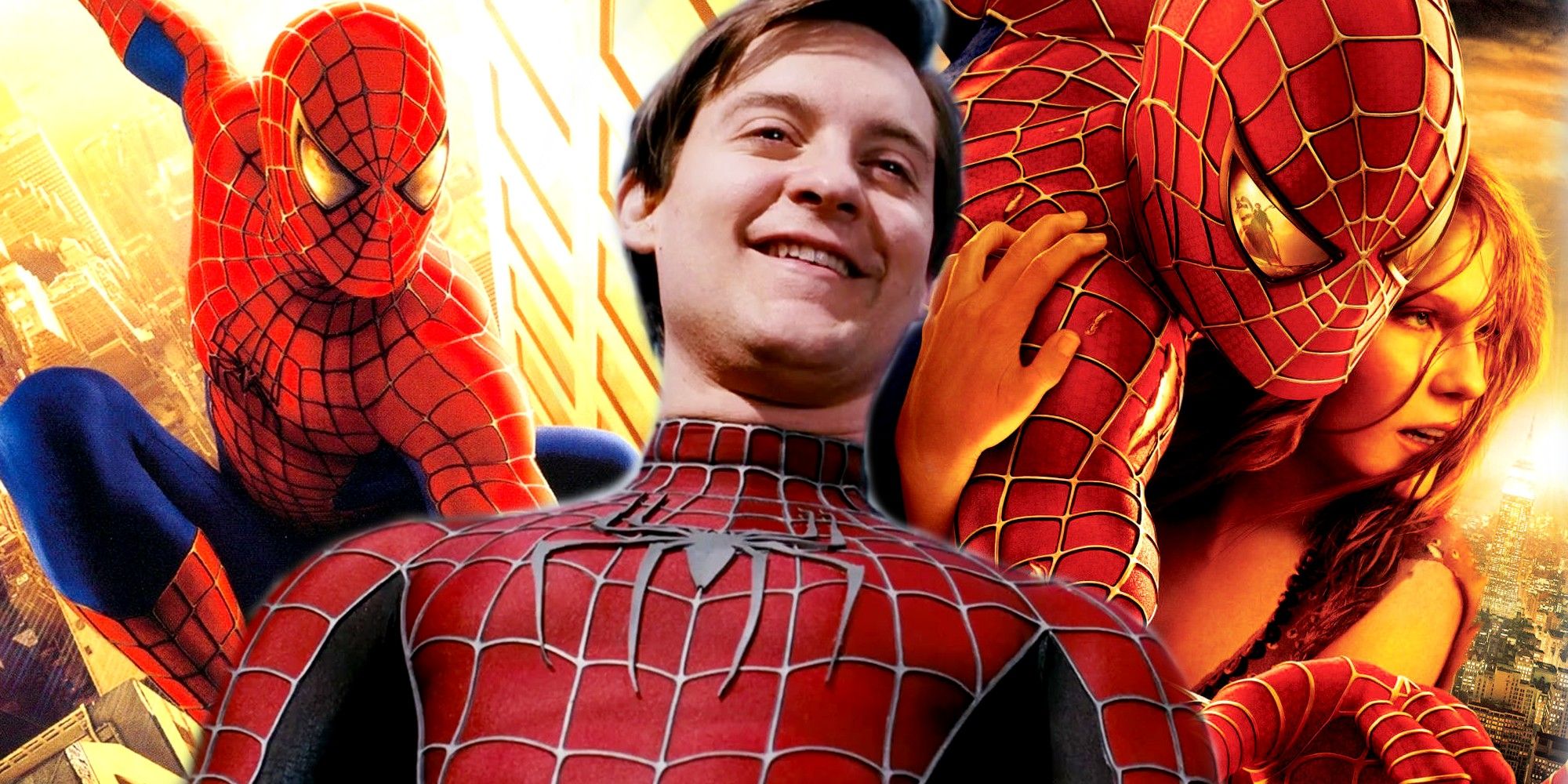 Maguire tersenyum sebagai Spider-Man dengan poster dari dua film pertama