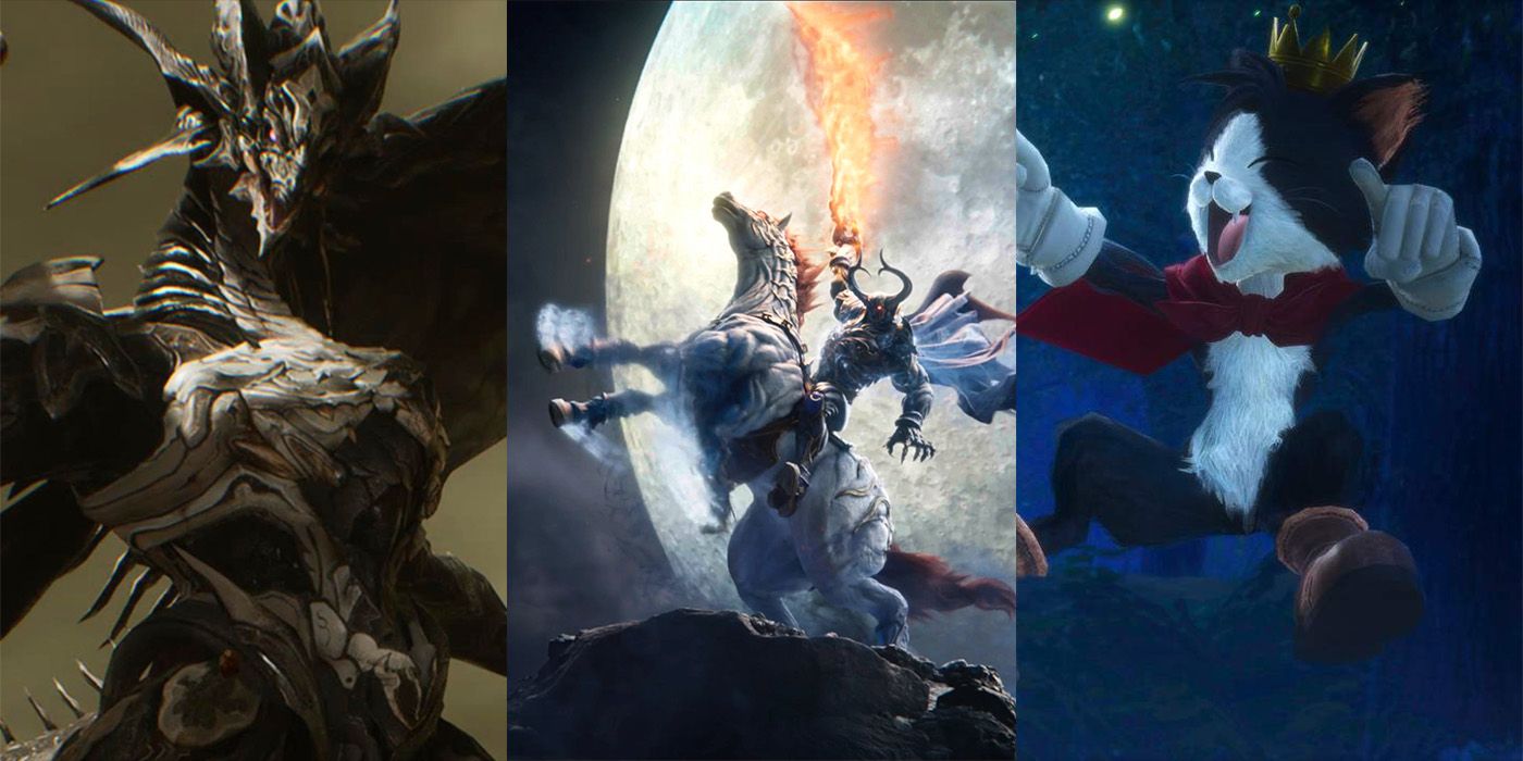 A split image of Crisis Core FF7 Reunion Summons which include Odin, Bahamut and Cait Sith.