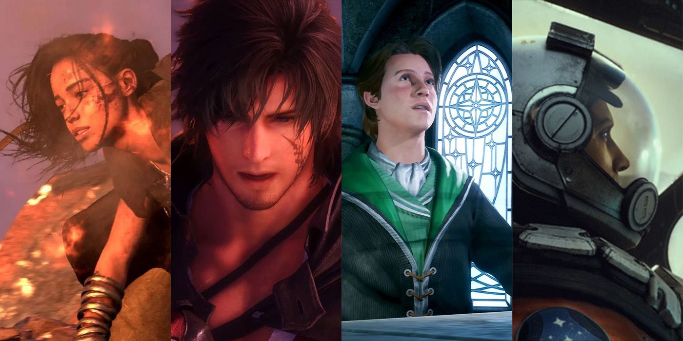 Split image of the characters from Forspoken, FF16, Hogwarts Legacy, and Starfield.