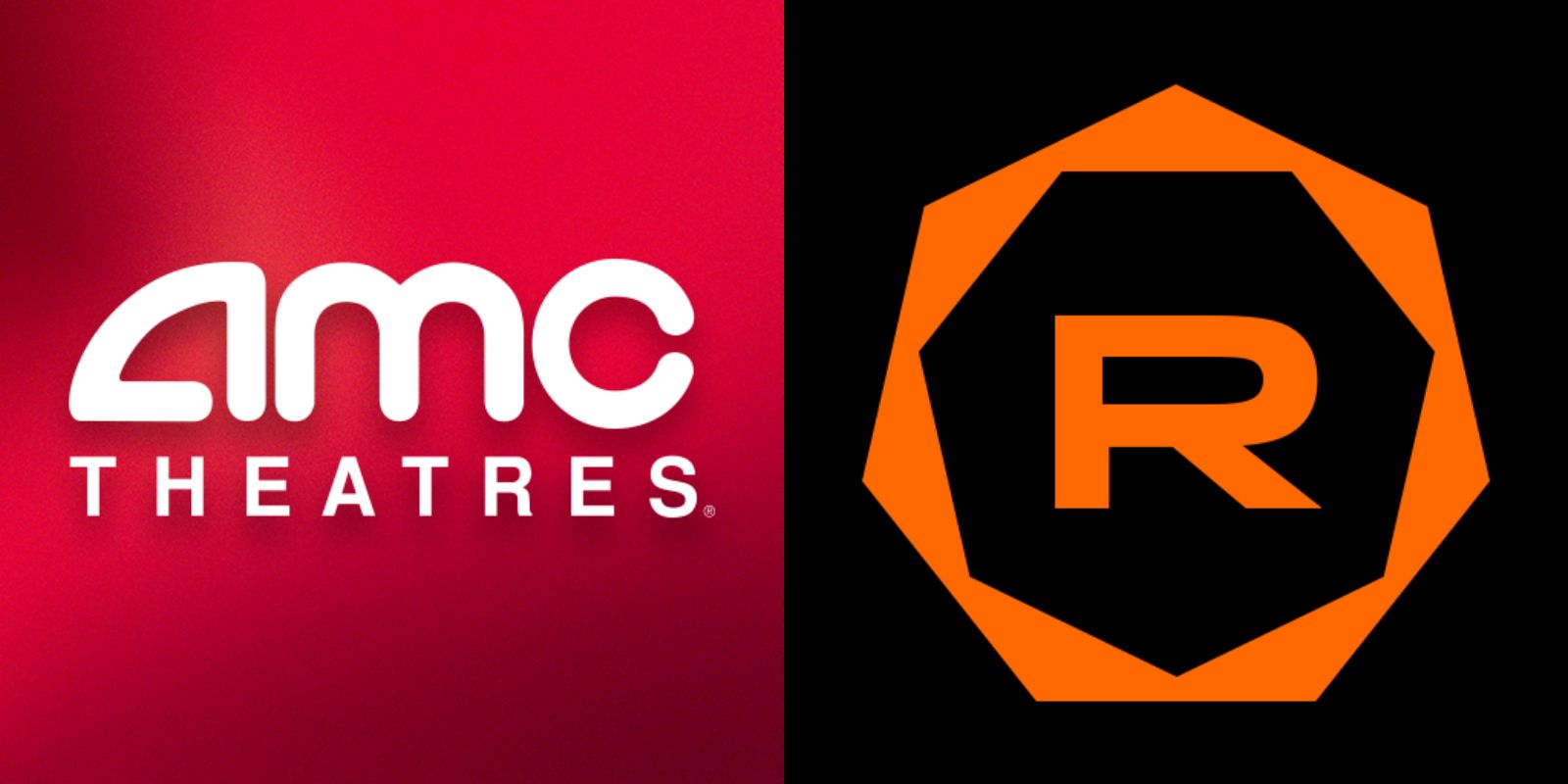 Split image of AMC theaters logo and Regal app logo
