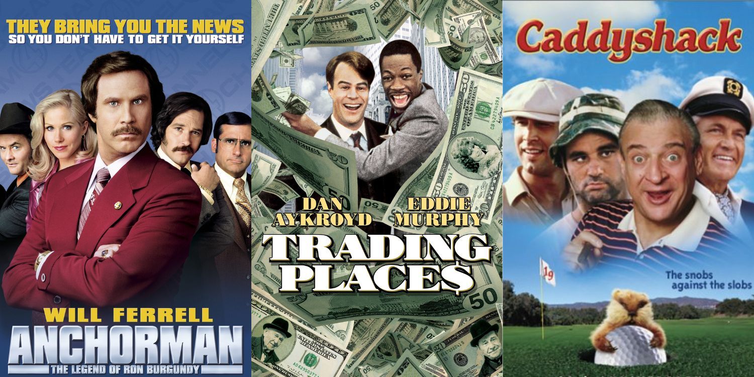 Split Image of Anchorman, Trading Places, and Caddyshack Posters