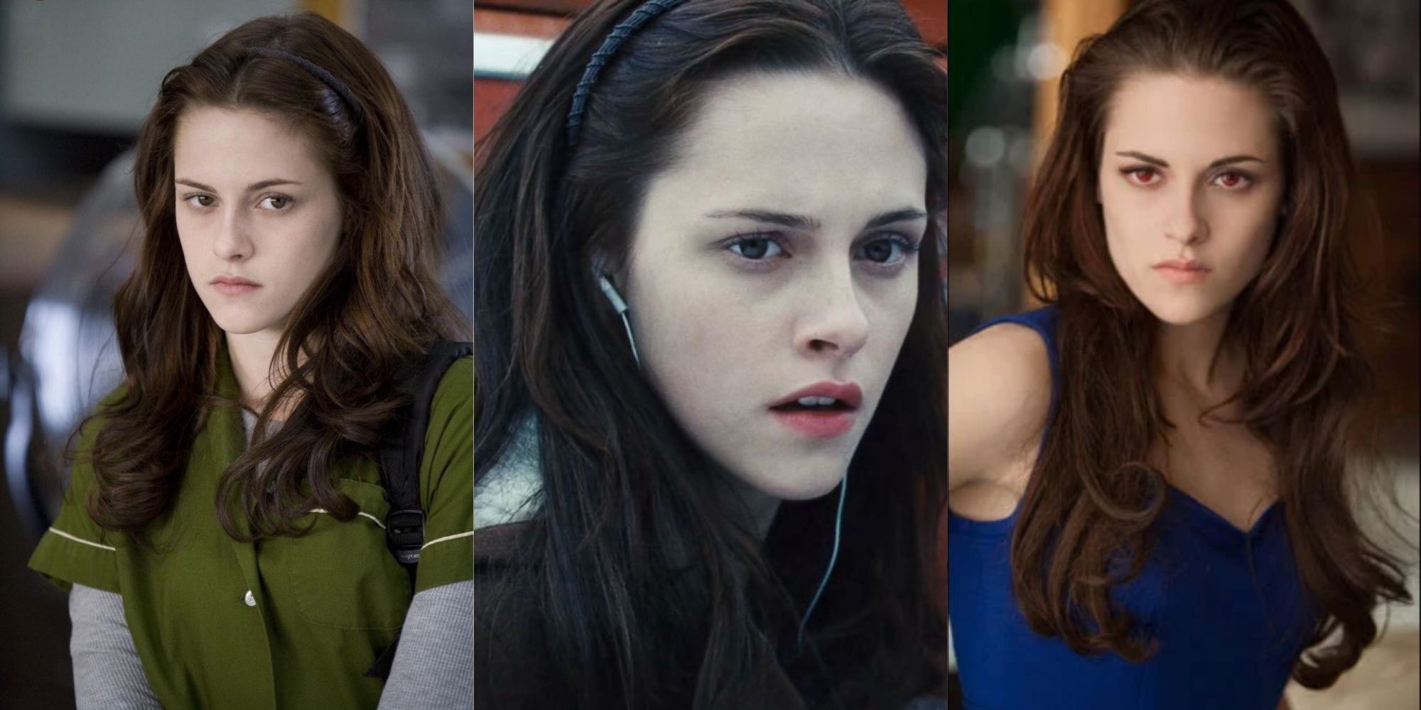 Split image of Bella Swan being shy on her first day, her looking concerned, and her looking serious in a blue dress after transforming into a vampire