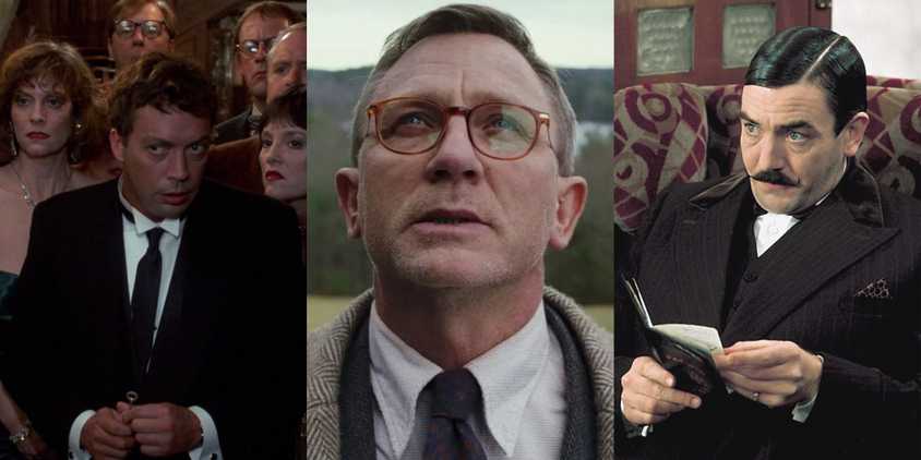 Split image of characters from Clue, Knives out and Murder on the orient Express