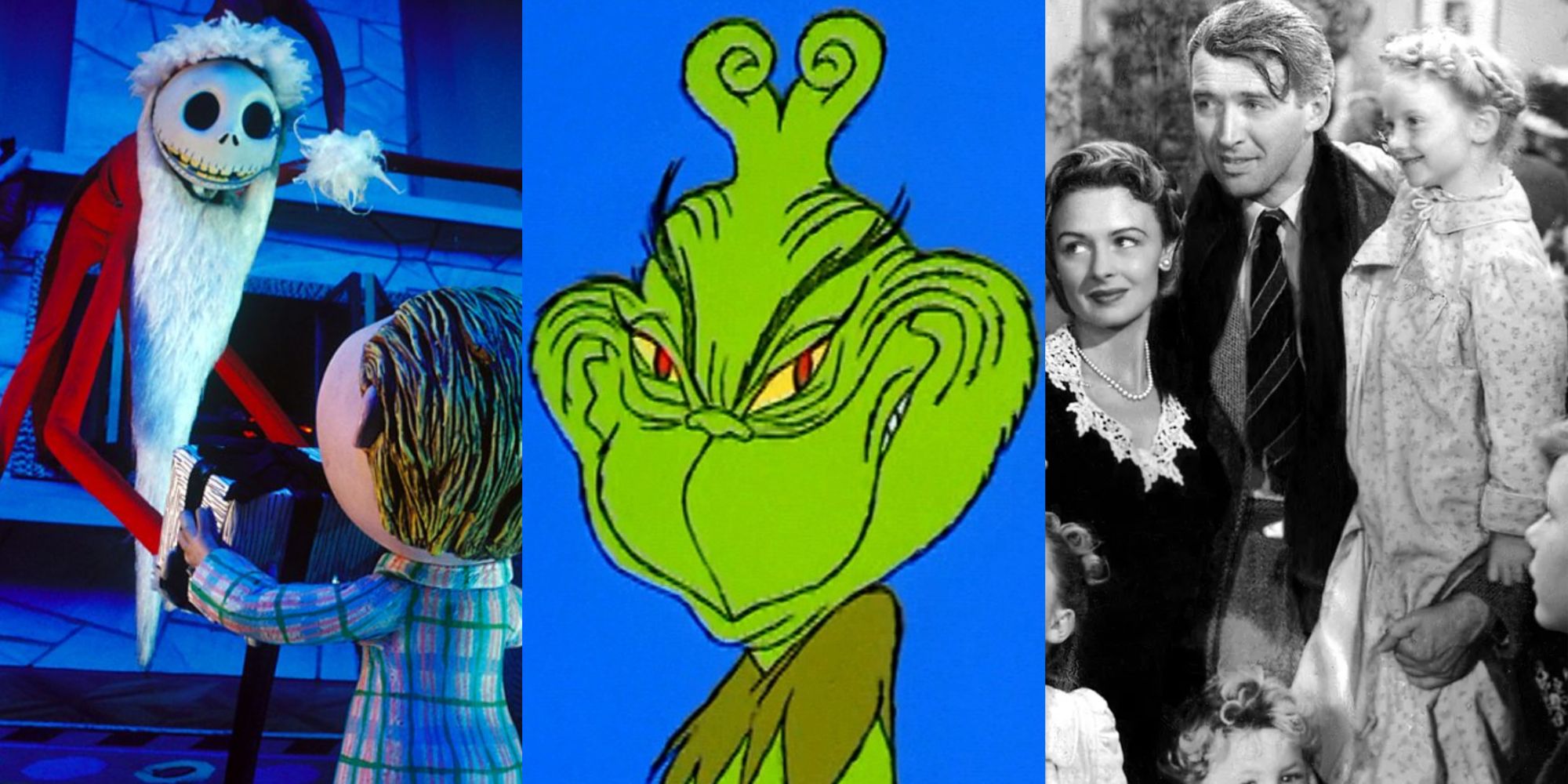Split image of characters from Nightmare Before Christmas, How The Grinch Stole Christmas and it's A Wonderful Life
