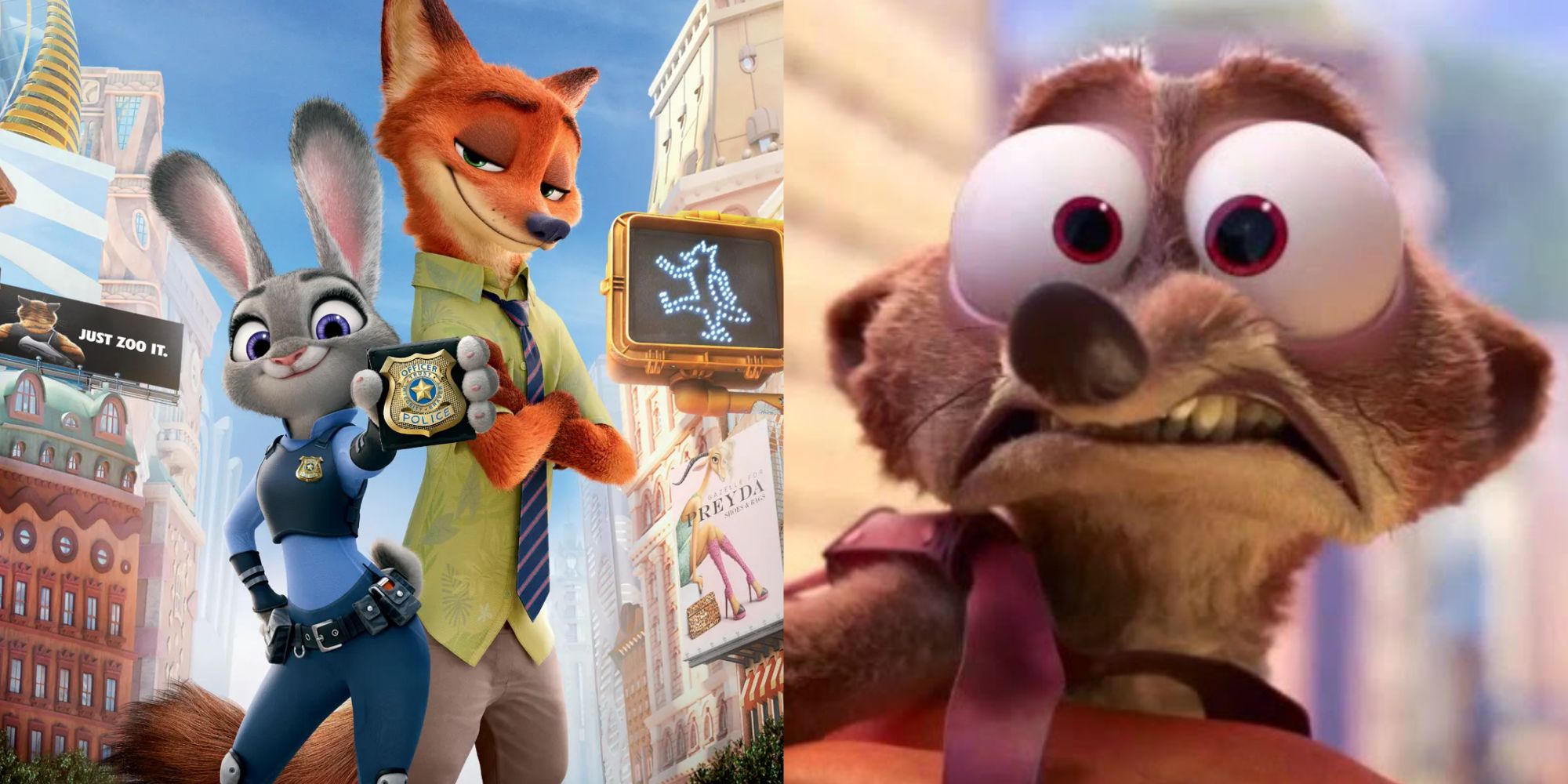 Split image of characters from Zootopia