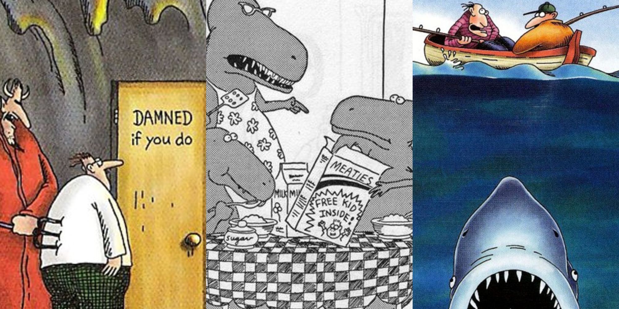 A Split image of Far Side cartoon strips including which include the devil, dinosaurs and a shark. 