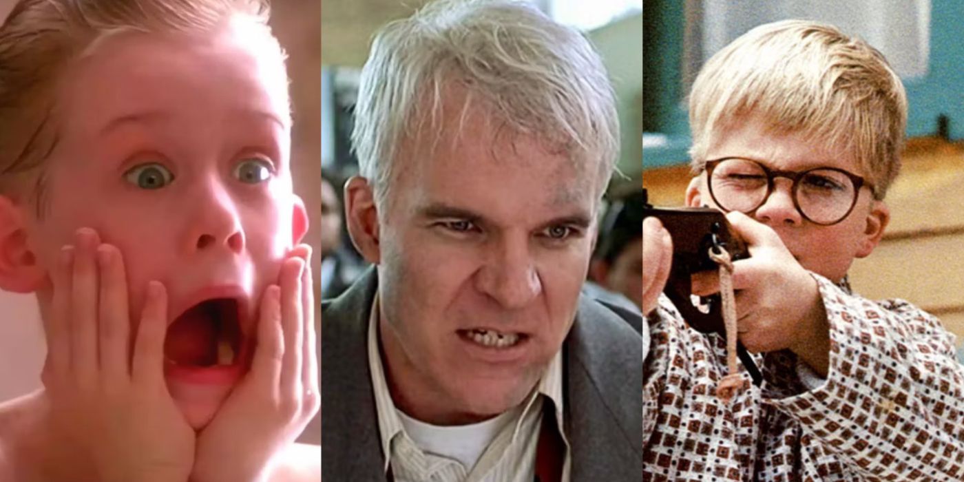 Split image of scenes Home Alone, Planes, Trains & Automobiles, and A Christmas Story