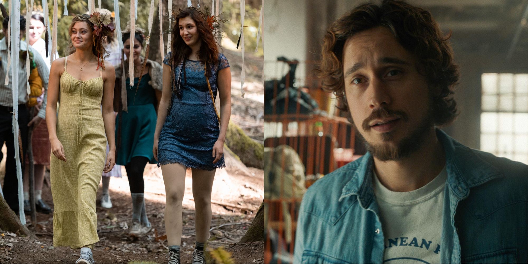 Split image of Jackie and a pregnant Shauna and Adam in Yellowjackets