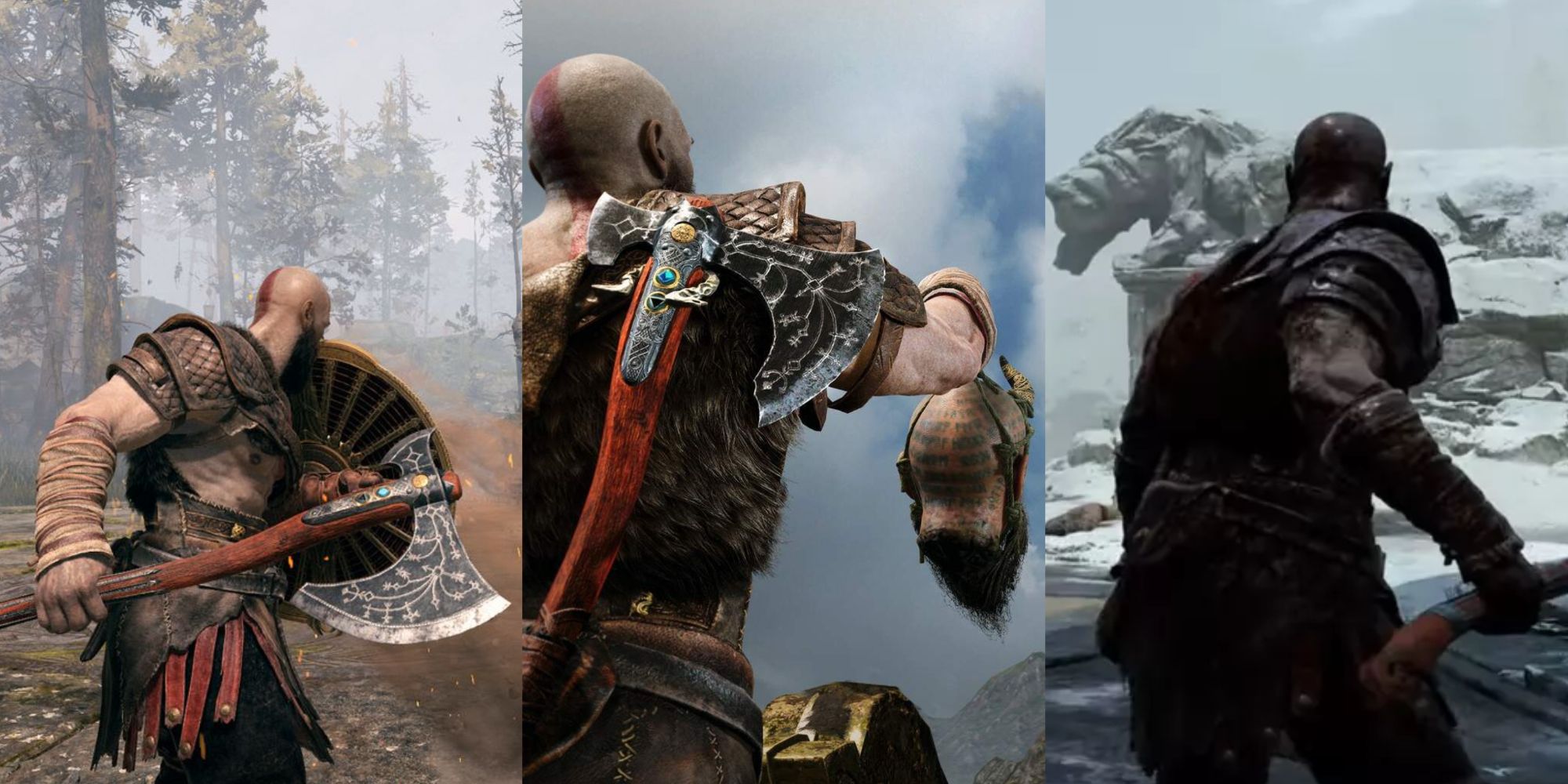 Split image of Kratos in God of War feature