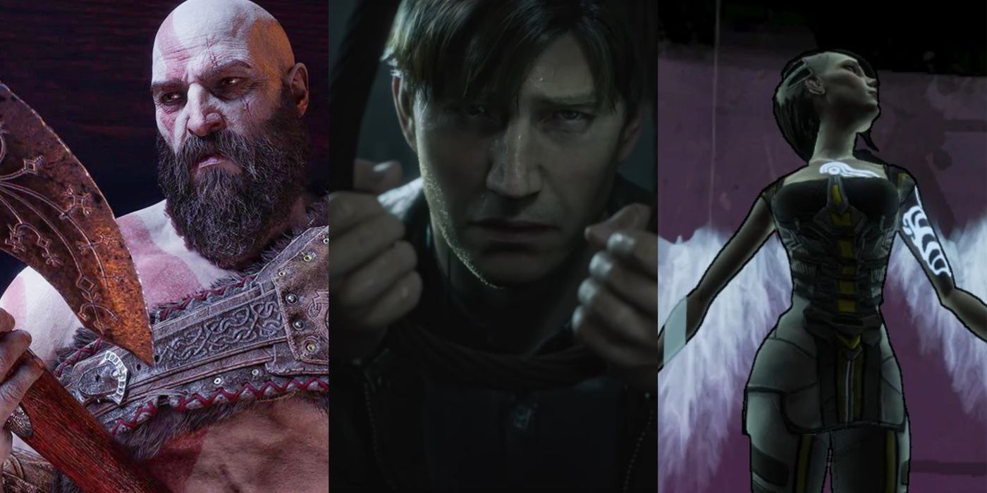 Split image of Kratos, James Sunderland, and Angel