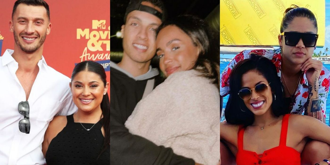 Split image of Loren & Alexei Brovarnik from 90 Day Fiancé holding each other, Brandon Jones & Serene Russell embracing each other from Bachelor in Paradise, Nany Gonzalez and Kaycee Clark from The challening taking a pose