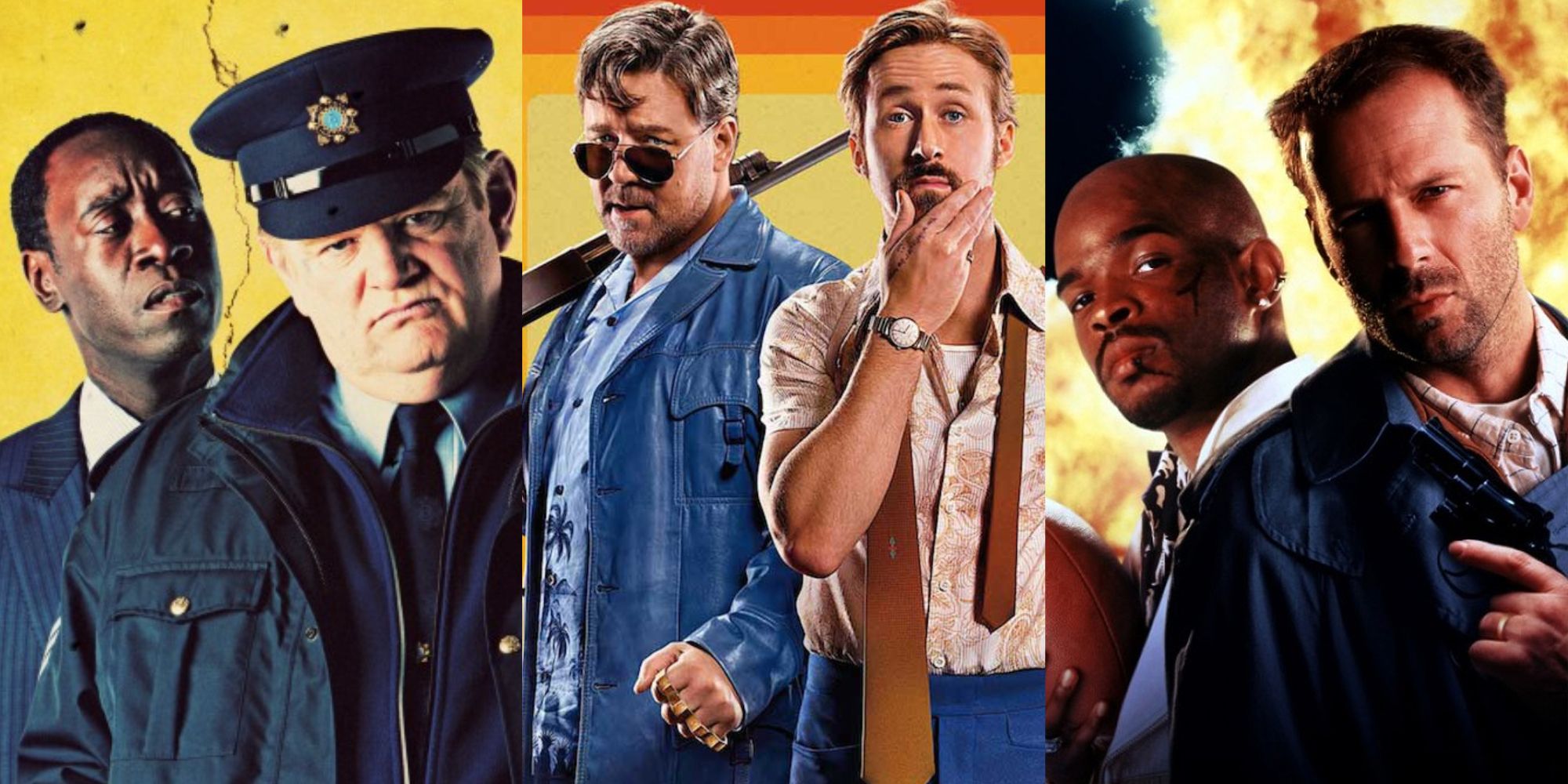 Split image of main characters from The Guard, The Nice Guys and The Last Boy Scout