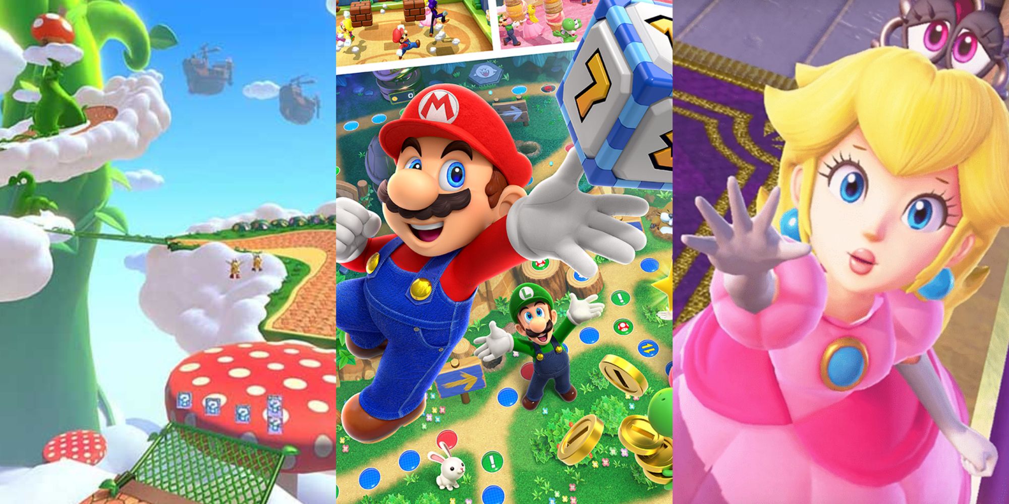 Split image of Mario Kart, Mario Party and Princess Peach Mario feature