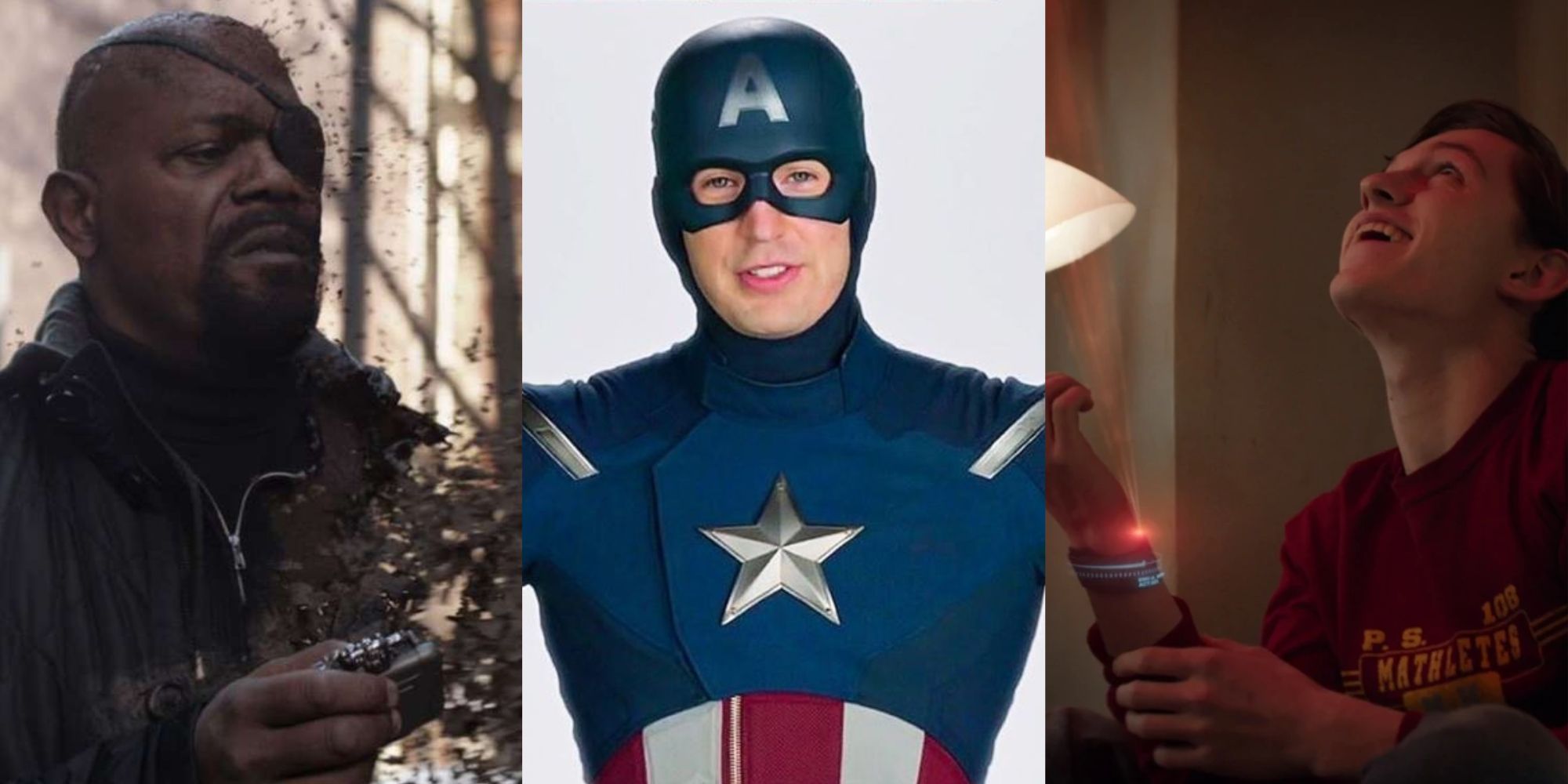Split image of Nick Fury, Captain America and Peter Parker in MCU Phase 3 post-credit scenes